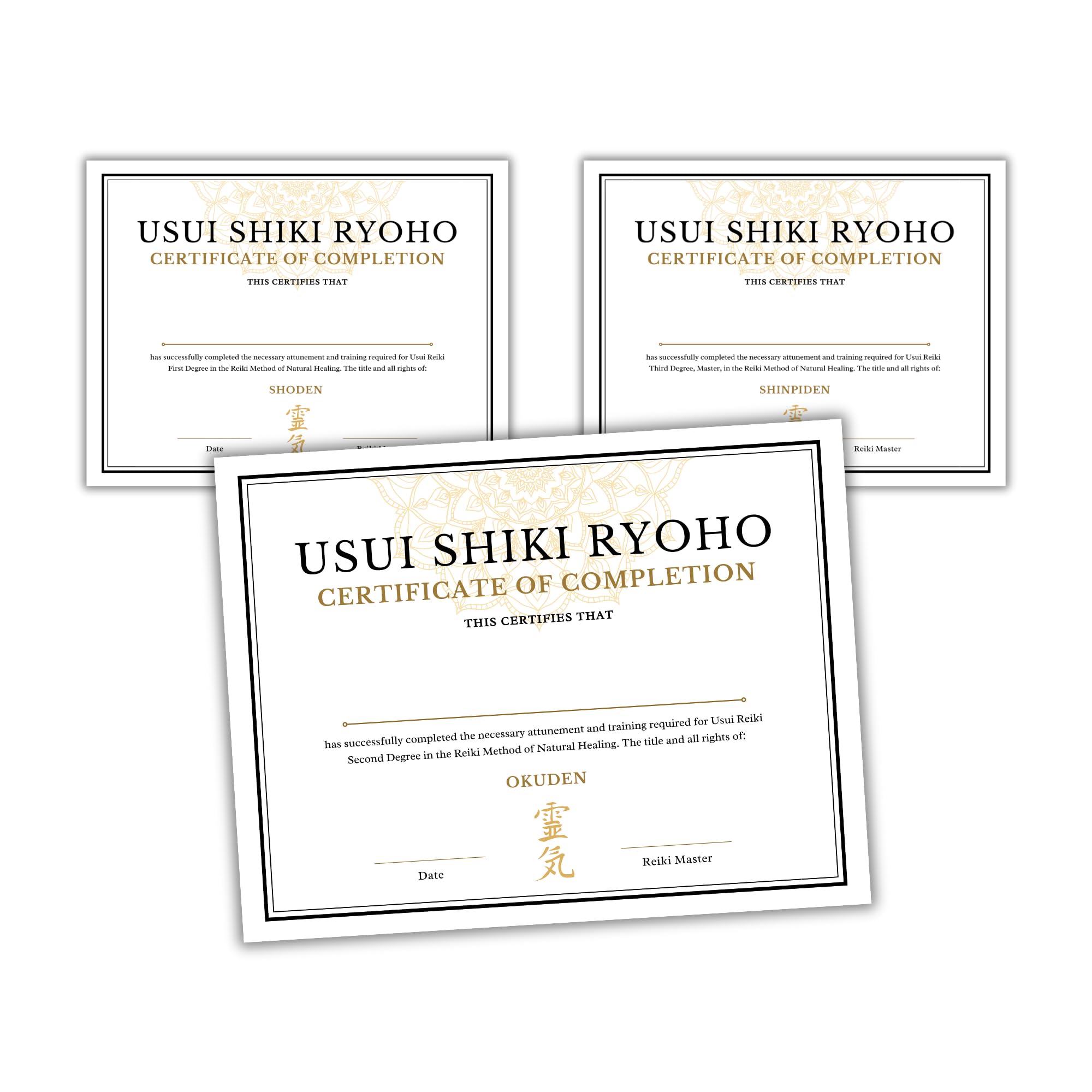 Reiki Master Certificate of Completion of Usui 1st Degree Shoden, 2nd Degree Okuden, and 3rd Degree Shinpiden Reiki Master | 60 Total Certificates, 20
