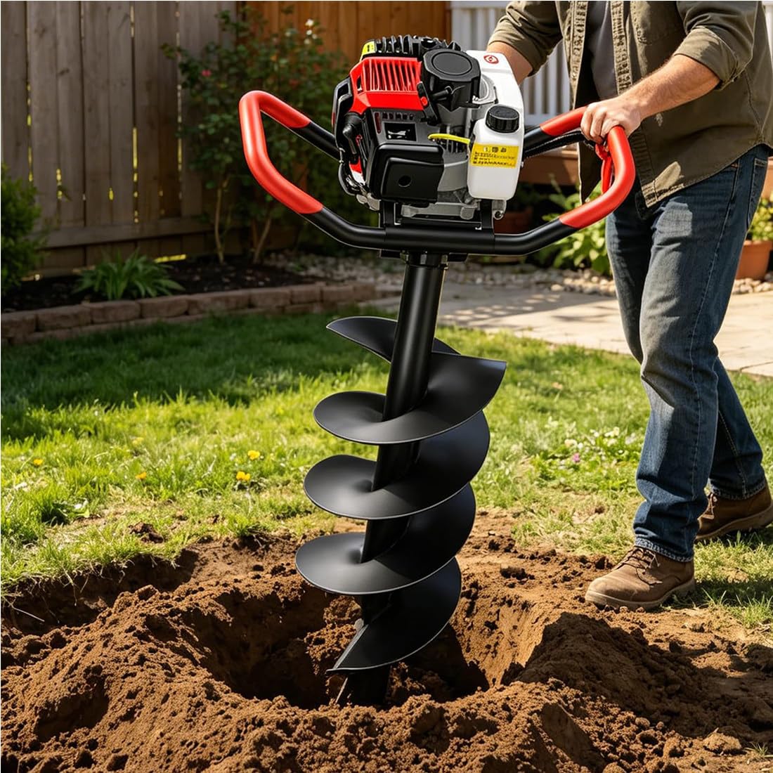 Wiertnica do otworów na słupki o pojemności 150 cc, z silnikiem czterosuwowym, spalinowym, moc 3,4 kW, prędkość 8800 obr./min, różne rozmiary wierteł: 4/6/8/12/15/20/25/30 cm 8cm