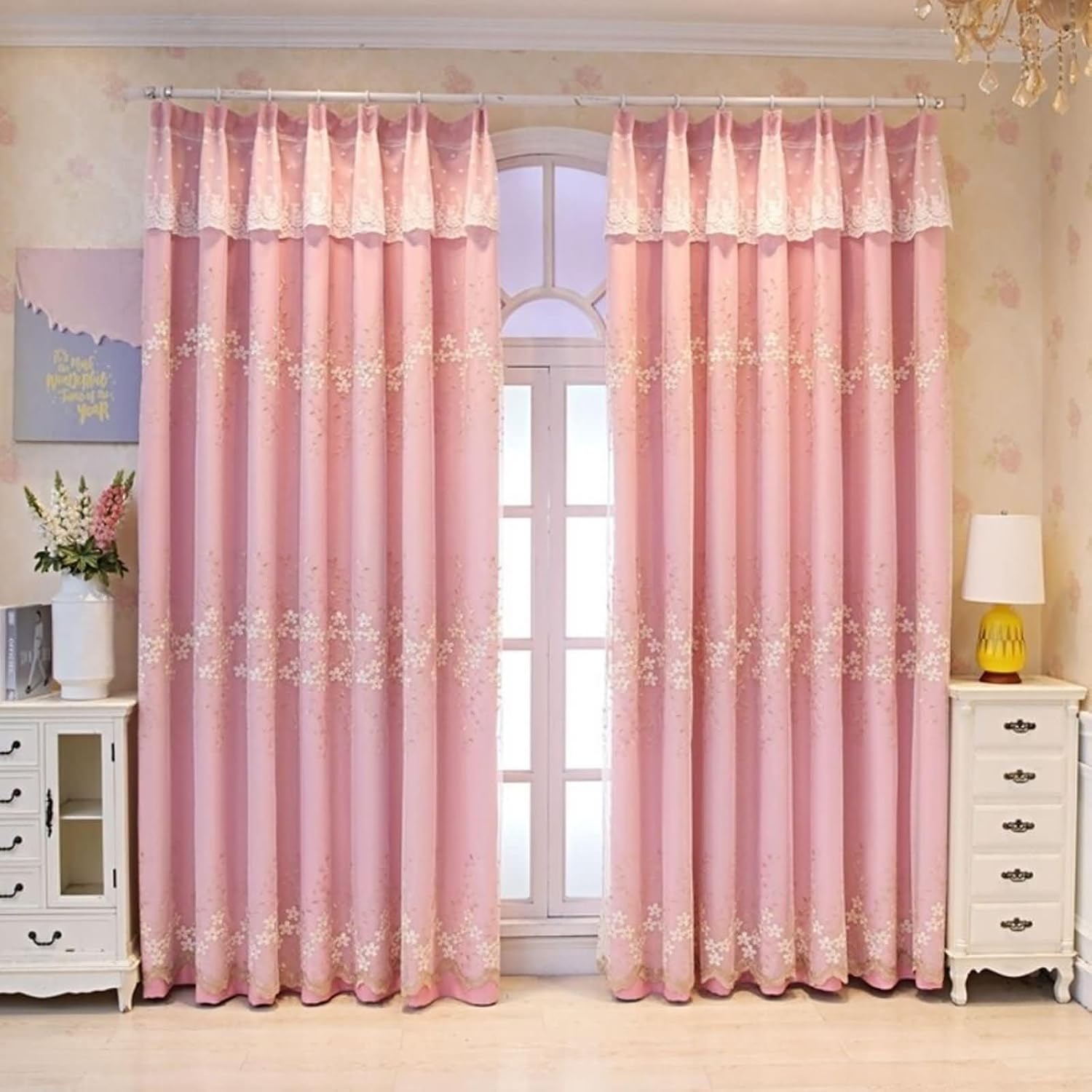 Curtains Blackout Bedroom 2 Panels Set 108 inch Long, Blackout Window Curtain Hook Double Layer Embroidered Small Flowers Window Treatment Curtains for Living Room Pink, 54 x 108 Inch