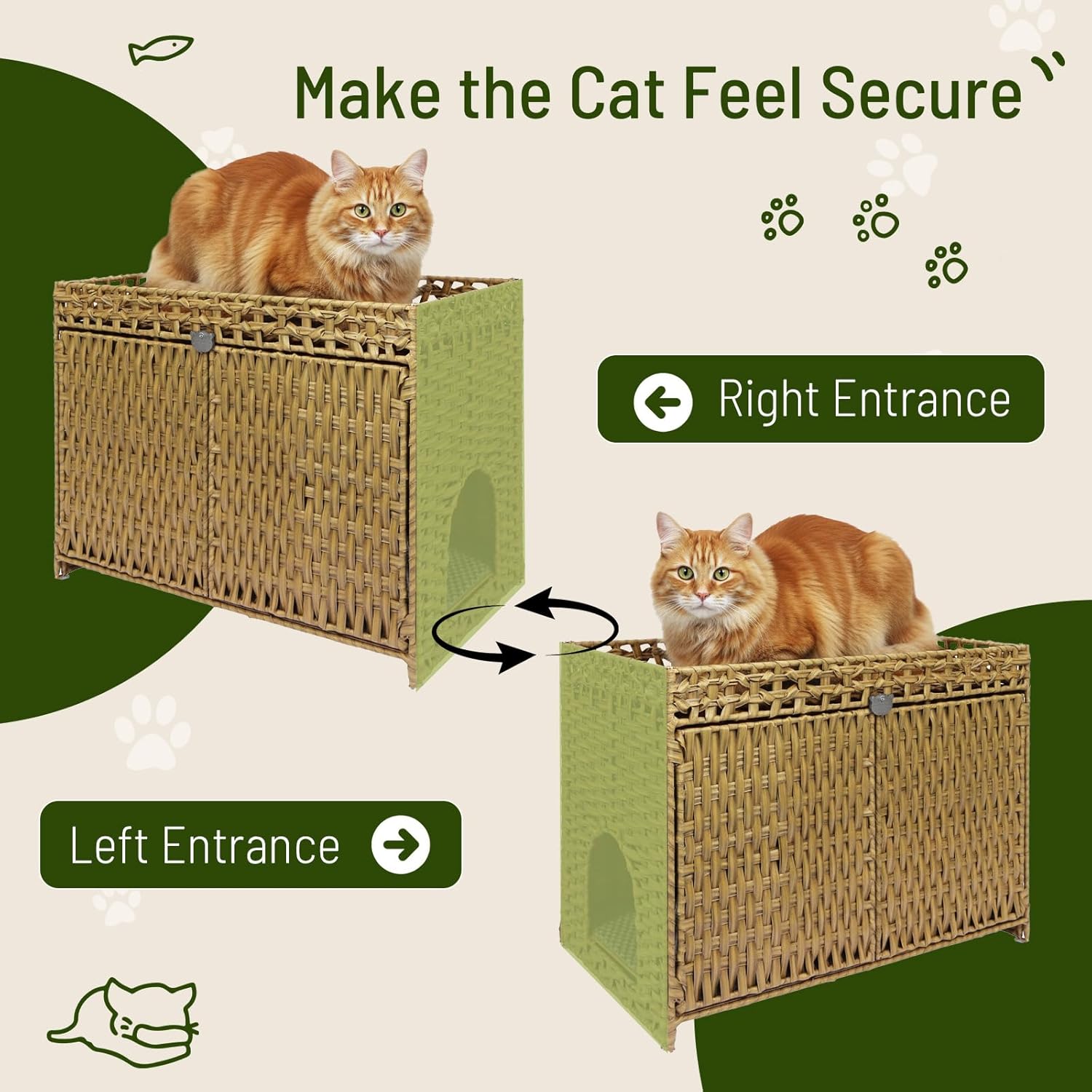 Neti Neti Cat Litter Box Enclosure Furniture, A Calm Enclosed Space Chosen by Cats, Handwoven Rattan Hidden Cabinet with 2 Removable Mats, Large Foldable Design for Indoor Use, Large, Natural