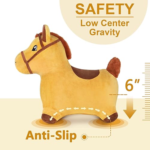 Vista 5 de Caballo saltarín iPlay, iLearn, caballo de juguete de felpa cubierta para montada de niños pequeños, con bomba (color amarillo)