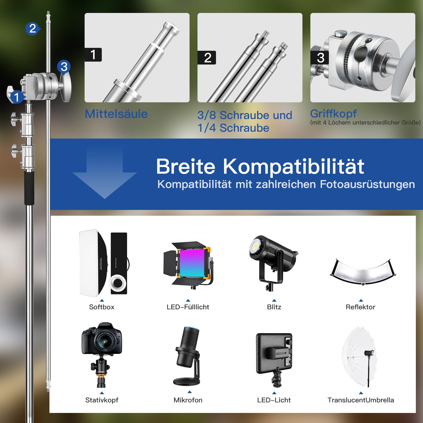Soonpho Cavalletto C Stand,3,3 m Regolabile Supporto Luce, Con Asta Di Prolunga Da 1,2 m 3 Ruote,2 Teste di Presa & Borsa per Fotografia in Studio Riflettore Ombrello Monoluce,Softbox
