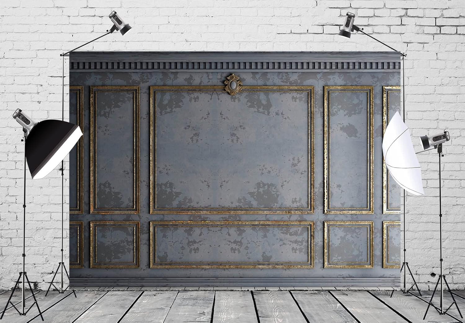 10x6.5ft Fabric Classic Gray Panels Backdrop Golden European Frame Vintage Wall Retro Golden Stucco Panels Wall Backdrop Houses Flats Interior Decor Wedding Baby Shower Photo Studio Props