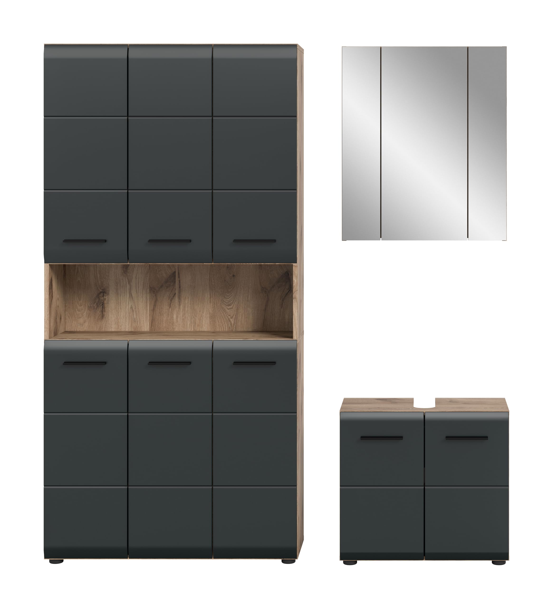 xonox.home – 3 TLG. Kompakte Badkombination Ice 165x185x30 cm in Korpus Nox Oak Nachbildung und Front schwarz matt – Stilvolles Möbel-Set für Moderne Badezimmer – pflegeleicht & funktional