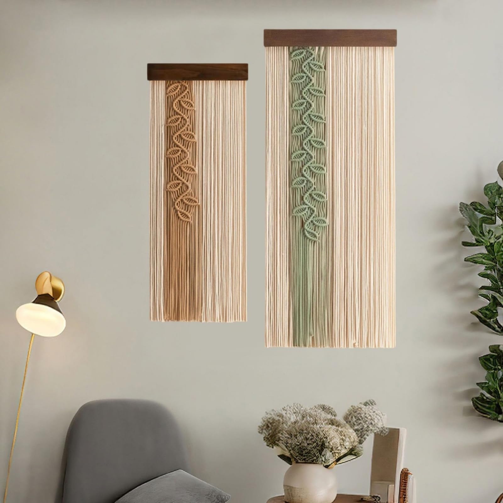 Makramee Wandbehang mit Holzleiste, Boho Makramee Wanddekoration mit Blättern, Handgemachte Fransen Wandteppich für Wohnzimmer, Schlafzimmer & Büro Dekoration (GB)