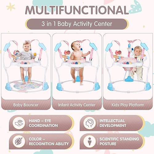 Miniatura 5 de Centro de actividades para bebés, jersey 3 en 1, centro de actividades para bebés con asiento giratorio de 360, música, luces, 3 alturas ajustables,