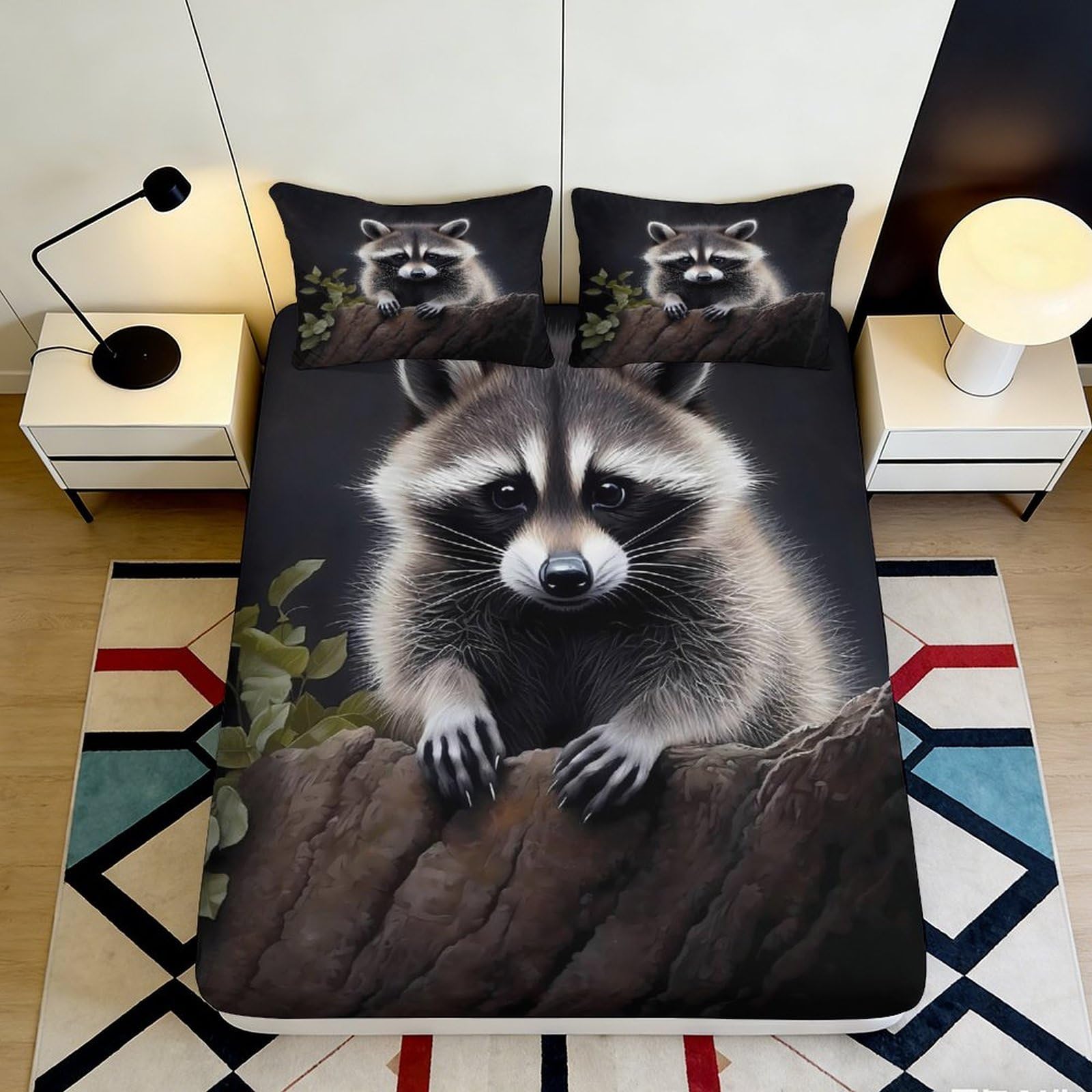 3D Printed Raccoon Forest Fitted Sheet Microfiber Soft Breathable Woodland Bed Cover for Bedroom Guest Room Decor Mattress Protection 90x200x25cm