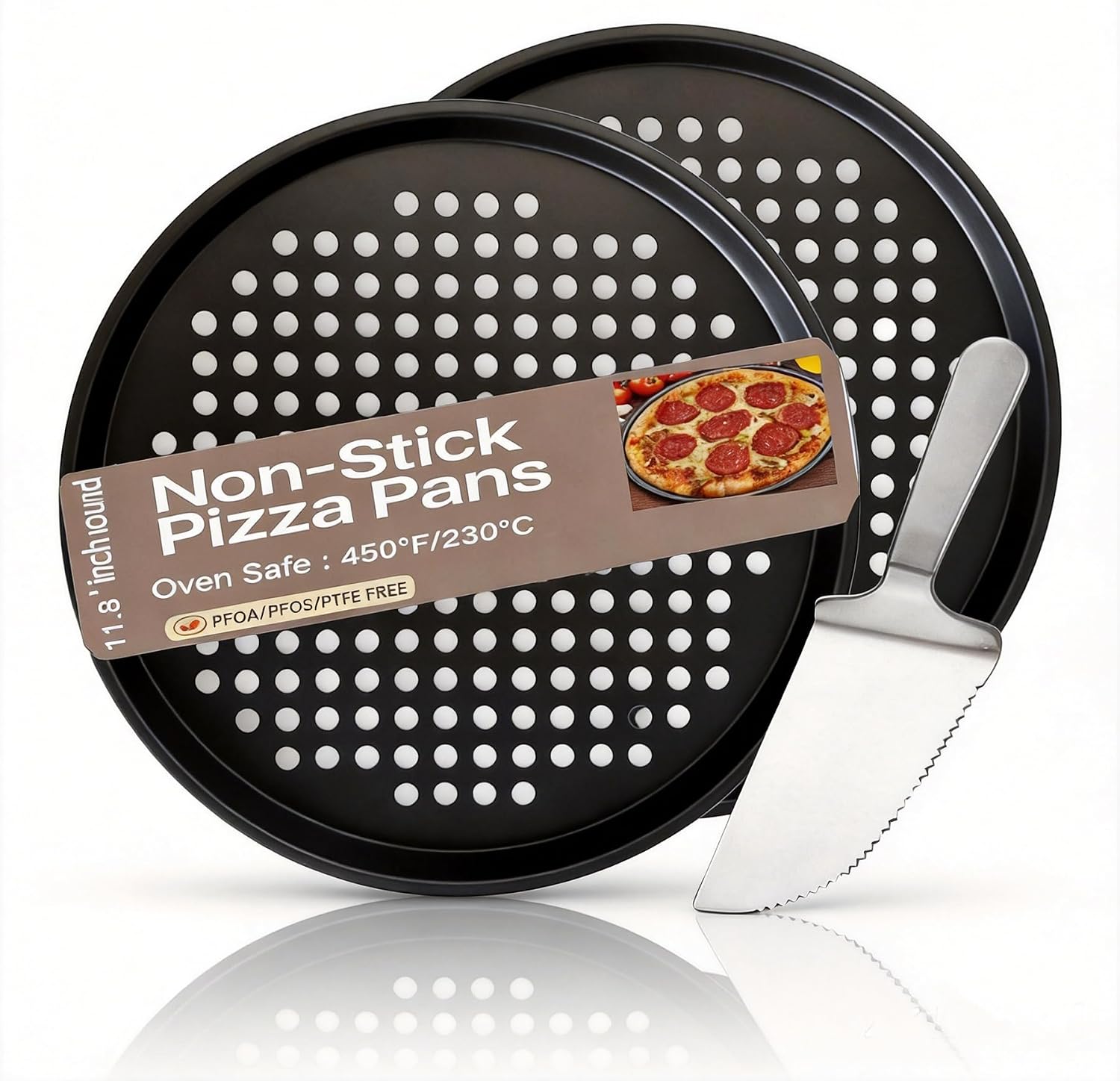 12-inch Perforated Oven Pizza Pan, Carbon Steel Perforated Pizza Tray and Cutter Set, Compatible with Breville Smart Ovens, Non-Stick Baking Pan, Home Pizza Oven Accessories