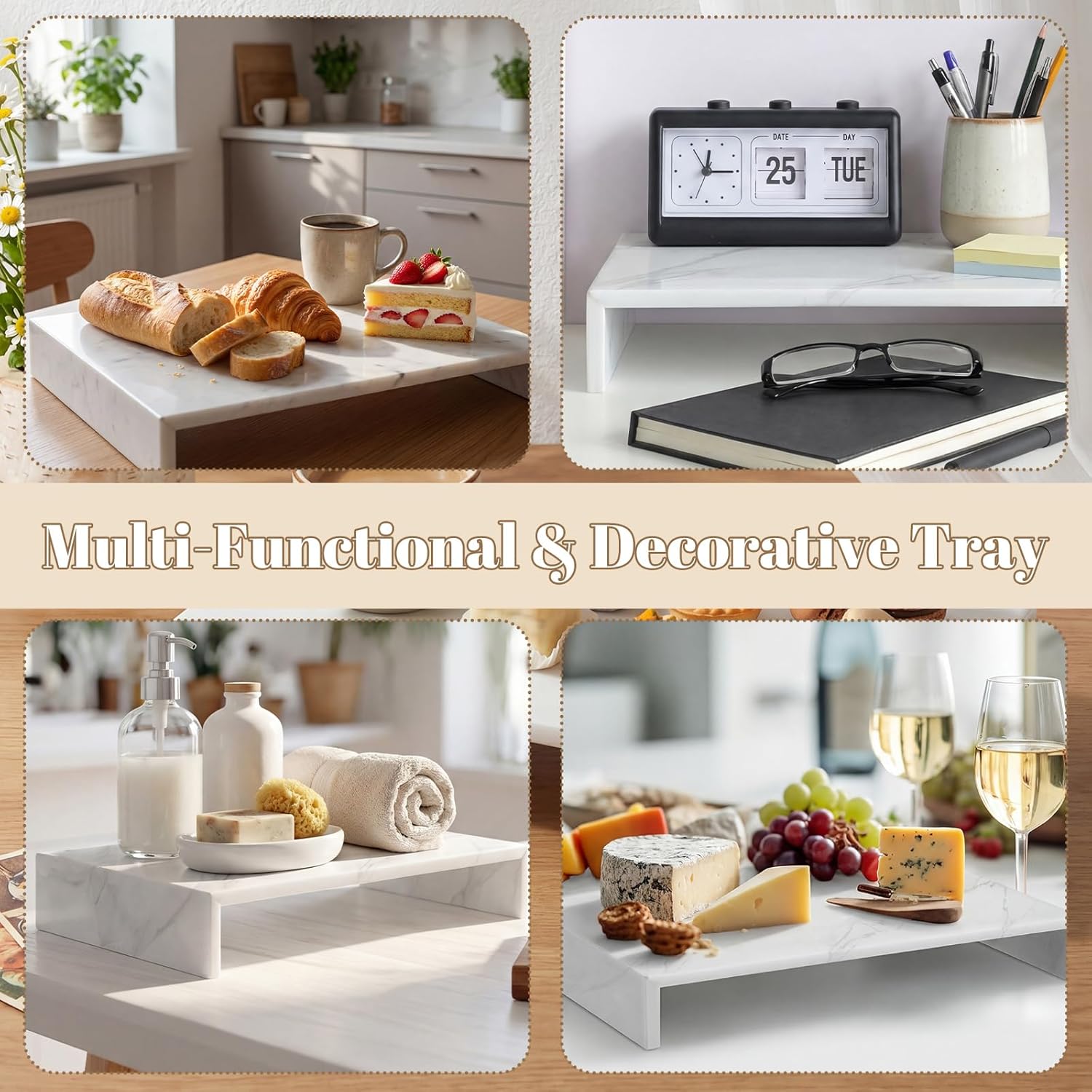 Marble Tray Table Display Riser Charcuterie Boards Cheese Cutting Footed Stand 14" L x 10" W x 2.5" H White for Vanity, Kitchen and Serving Decoration, or as Elegant Gatherings Board Gift