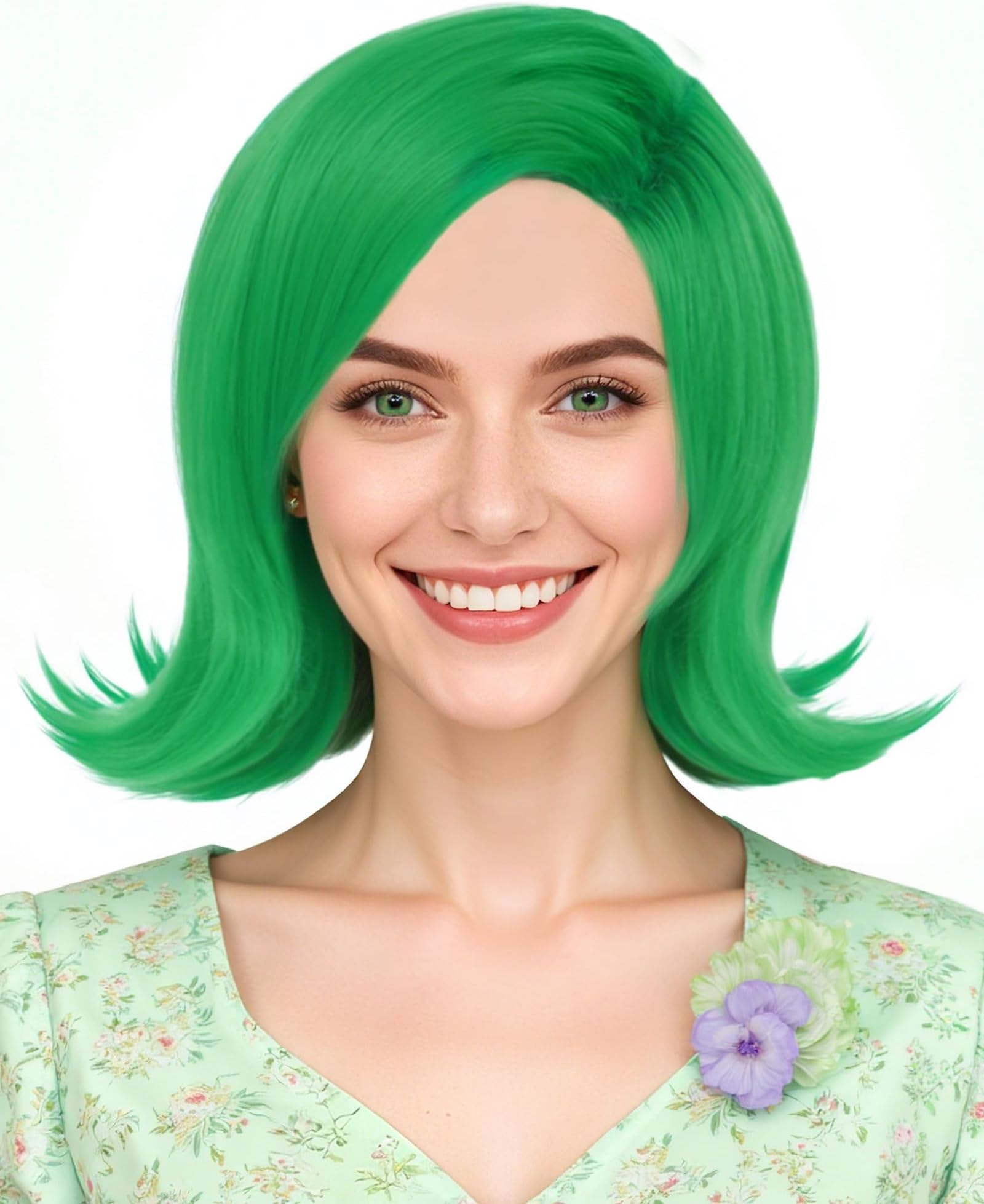 Anogol Hair Cap+Short Wavy Cosplay Wig Green Hair Costume Halloween Wigs