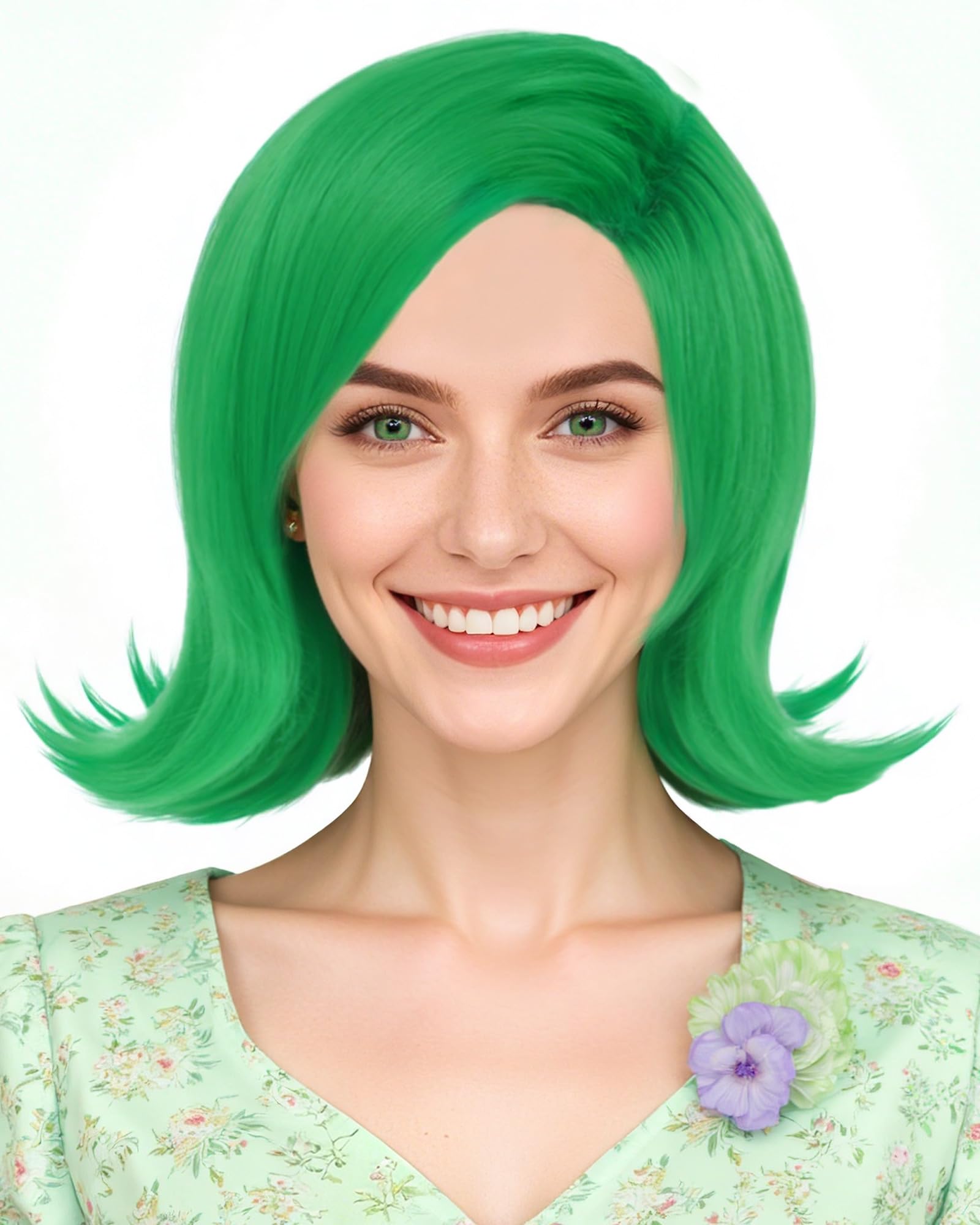 Anogol Hair Cap+Short Wavy Cosplay Wig Green Hair Costume Halloween Wigs