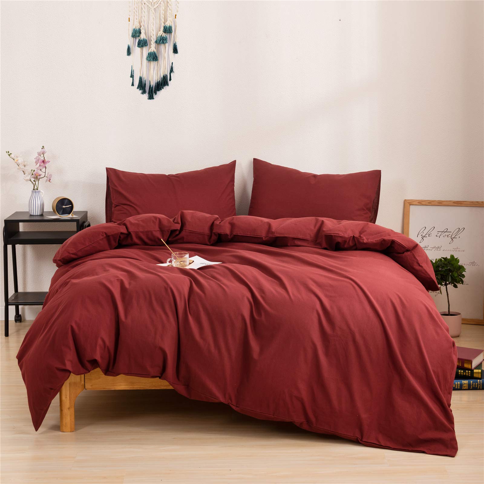MucalisBurgundy Duvet Cover Queen Solid Modern Maroon Burgundy Bedding Set Queen with Pillowcases Brushed Microfiber Ultra Soft Zipper Closure Corner Ties