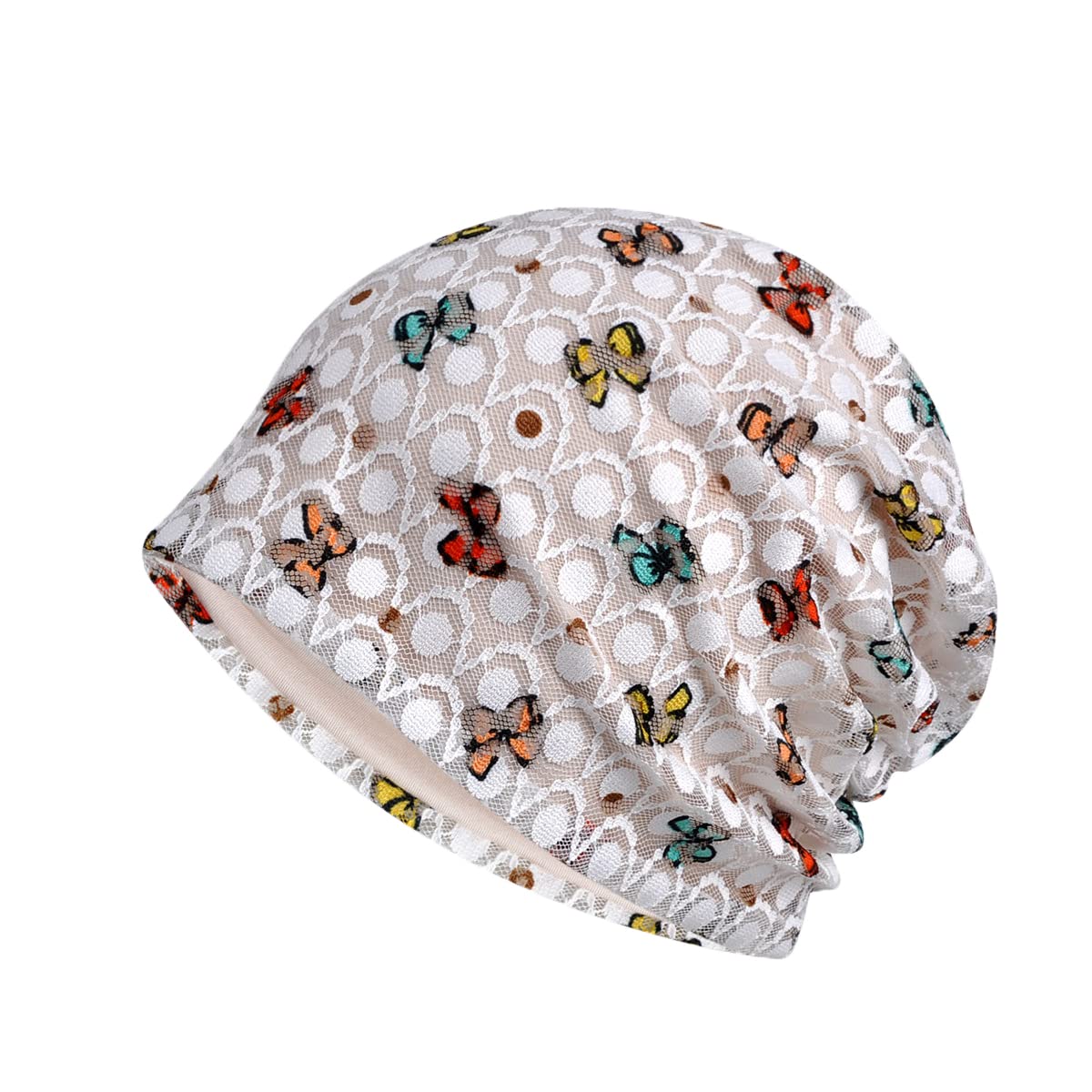 Camelliass Women's White Lace Butterfly Slouchy Beanie Hat Breathable Chemo Cancer Headwear For Turban Head Wrap Hair Loss Cap (White)