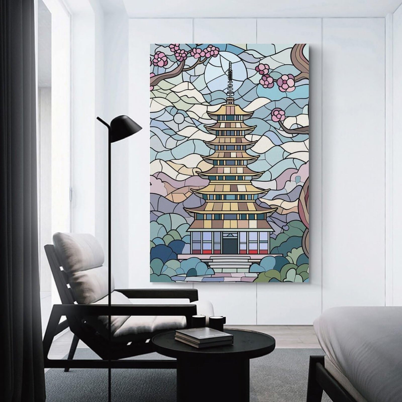 Junmoney Stained Glass Pagoda And Cherry Blossoms Wall Picture Print, 24x36inch(60x90cm), for Feature Walls in Flats Or Modern Rooms, Decorative Artwork with Flexible Styling