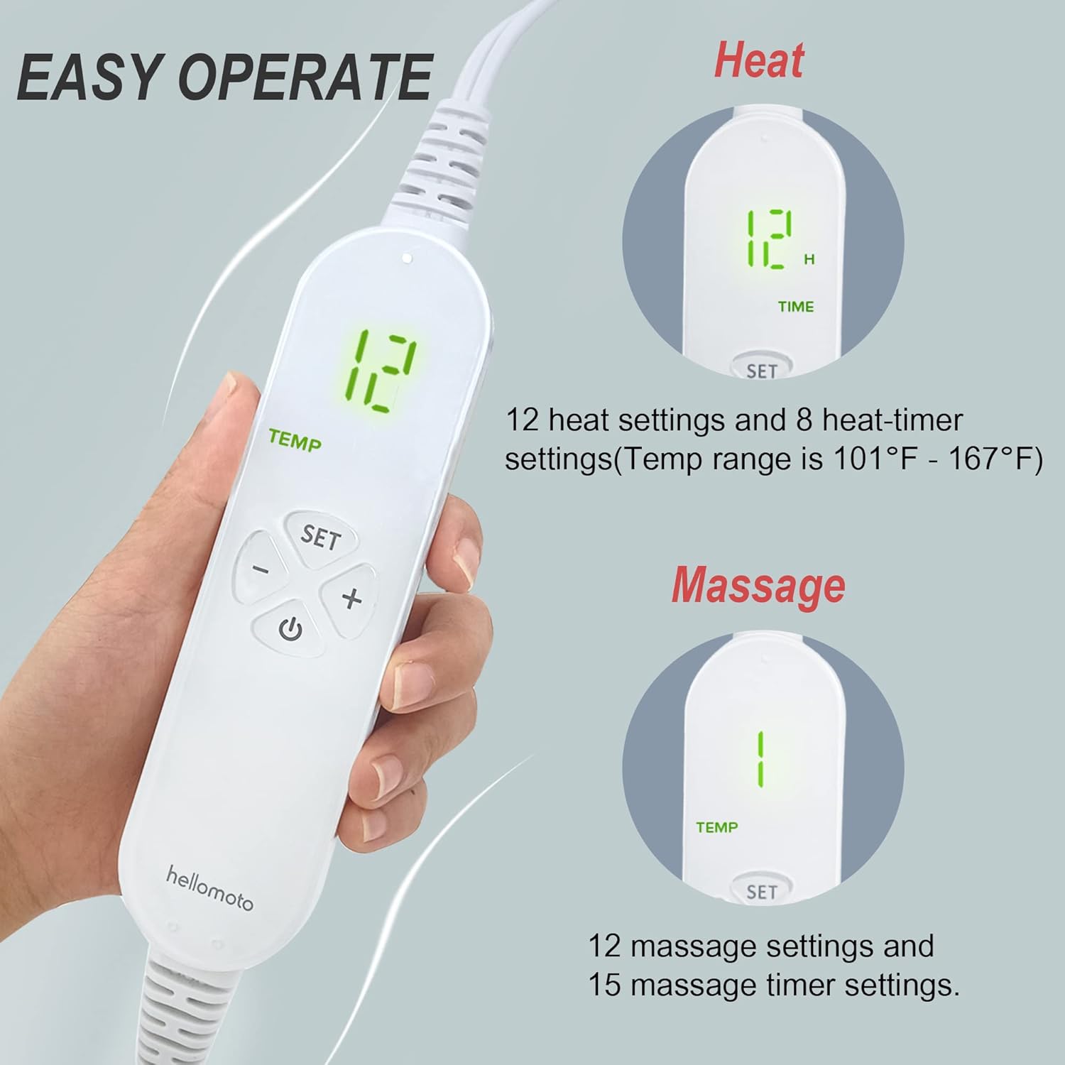 Electric Heating Pad for Back and Shoulder with Massage, Percussive Massage Heated Pad, 24'' x 27'' Weighted Heating Pad- 12 Massage Mode Settings, 12 Heat Settings, Auto Off