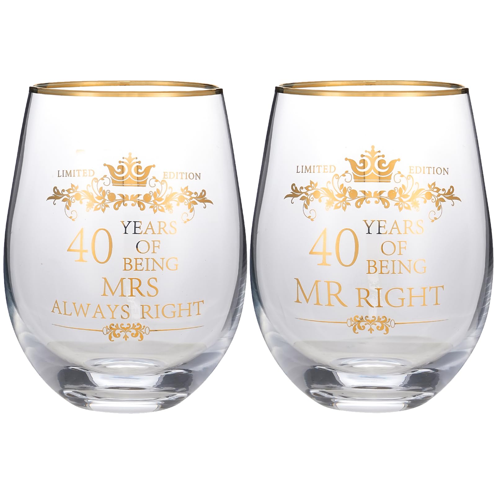 COFOZA Set of 2 Mr Right Mrs Always Right 40th Wedding Anniversary Wine Glasses 445 ml Gift for Couples Parents
