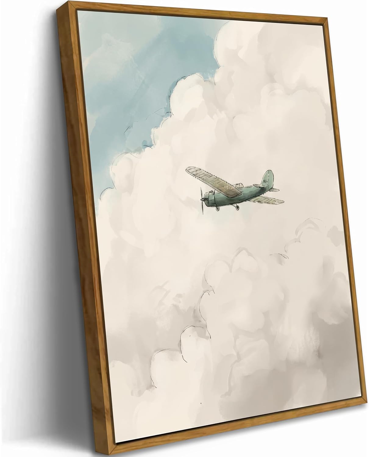 Framed Vintage Airplane Wall Art, Watercolor Sky Clouds Wall Decor, Minimalist Aviation Nursery Painting Picture, Retro Airplane Poster Print for Kids Bedroom Playroom Decoration, 12x16in