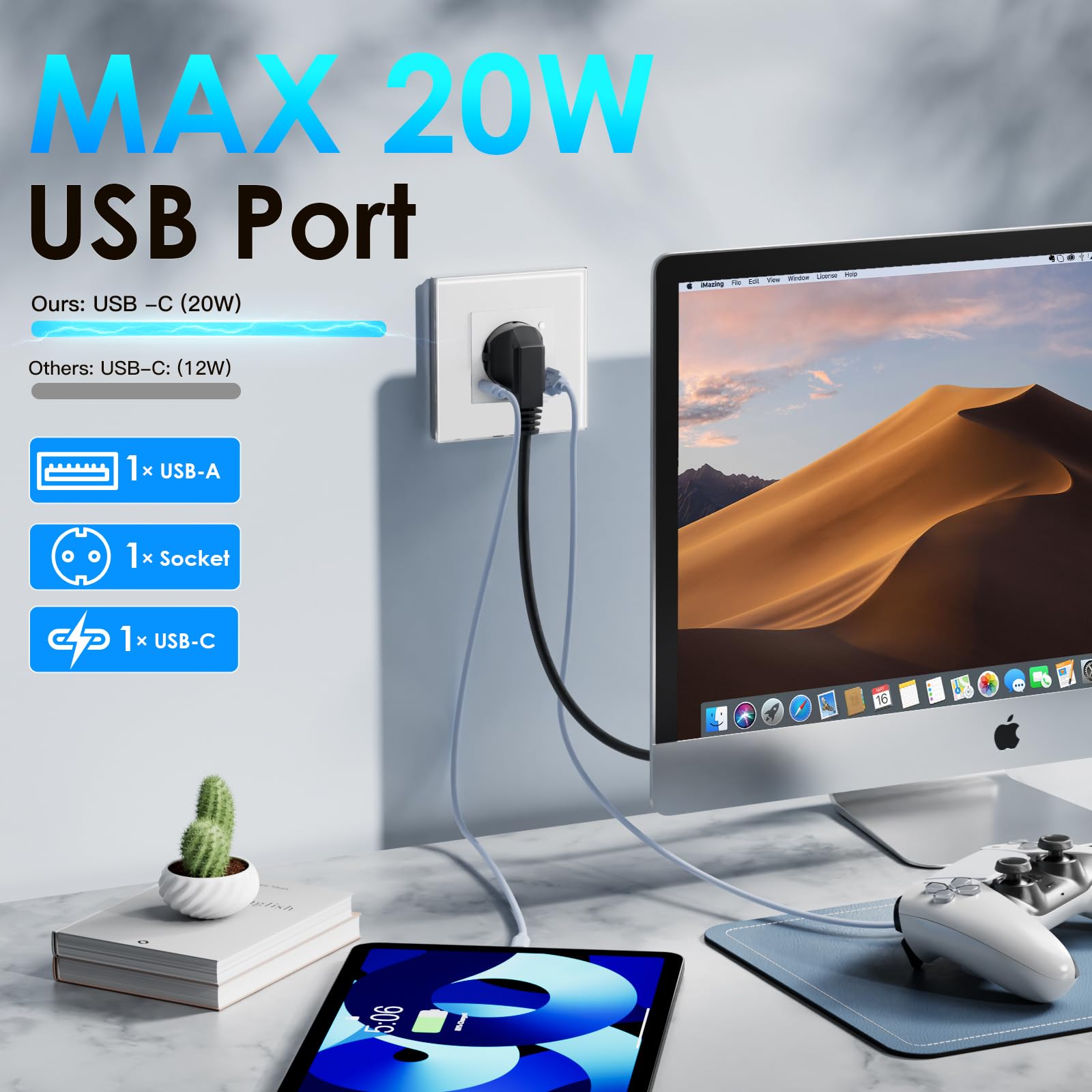 BSEED Wlan Schuko Steckdose mit USB C 20W Schnellladegerät,Smart Steckdose Unterputz mit Strommessung,Arbeit mit Alexa/Google Home,Stromzähler für Doppelsteckdose mit Smart Life App,2 Fach 157mm Weiß