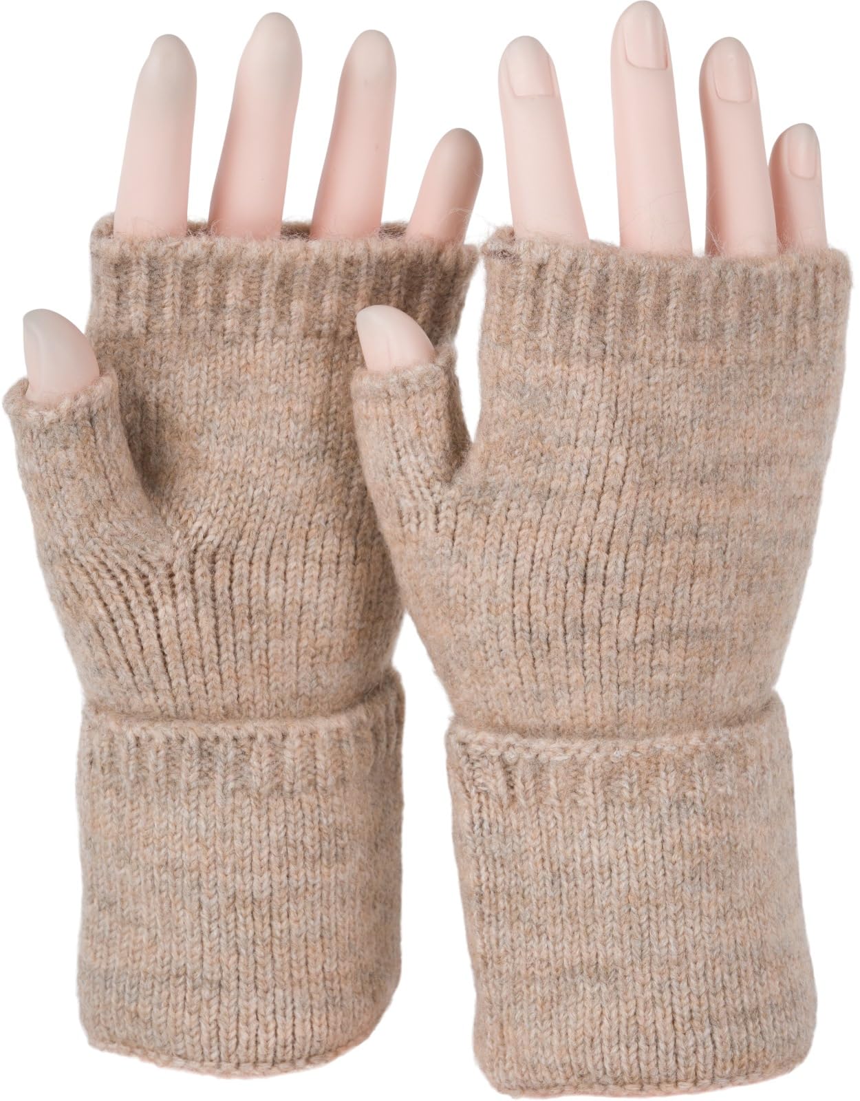 styleBREAKER Ladies Fingerless Knitted Gloves Unicoloured with cuff, warm winter gloves 09010052, Colour:Heather Light Brown