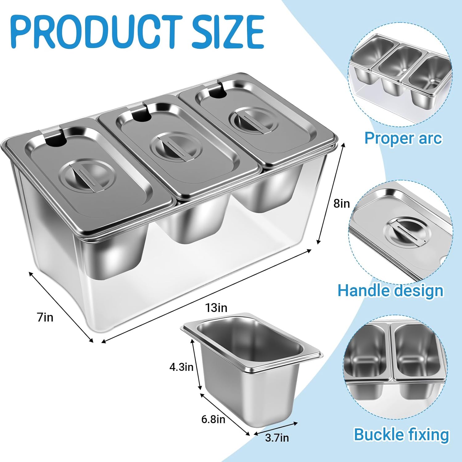 3 Compartments Ice Chilled Condiment Caddy, 30.5 oz Salad Bar Containers Stainless Steel Serving Dish with Lids for Bar, Hummus, Fruit, Salad, Ice Cream Topping, Sauces, Party Supply - Image 2