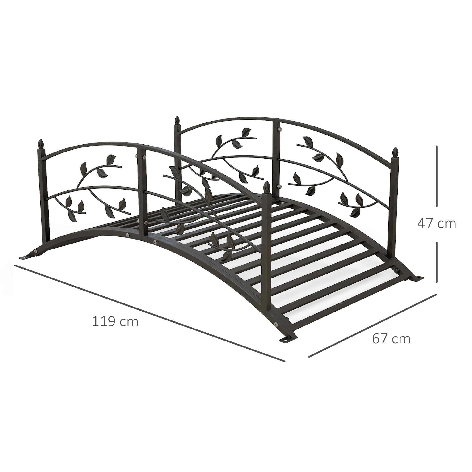 Outsunny Puente de Jardín - Puente de Cuenca - Decoración del Jardín Dom. 119 x 67 x 47 cm, con barandilla, diseño de vid de acero negro