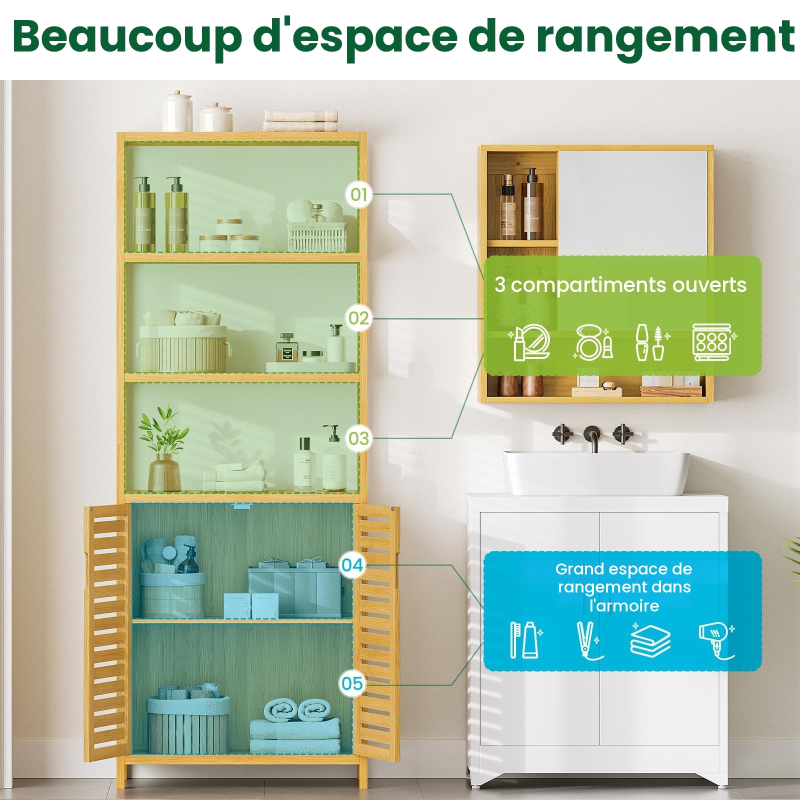 VIAGDO Armoire Haute en Bambou avec 3 Compartiments Ouverts et Armoire, Armoire d'appoint Haute,pour Salle de Bain, Couloir, Cuisine, Salon, 64 x 33 x 170 cm