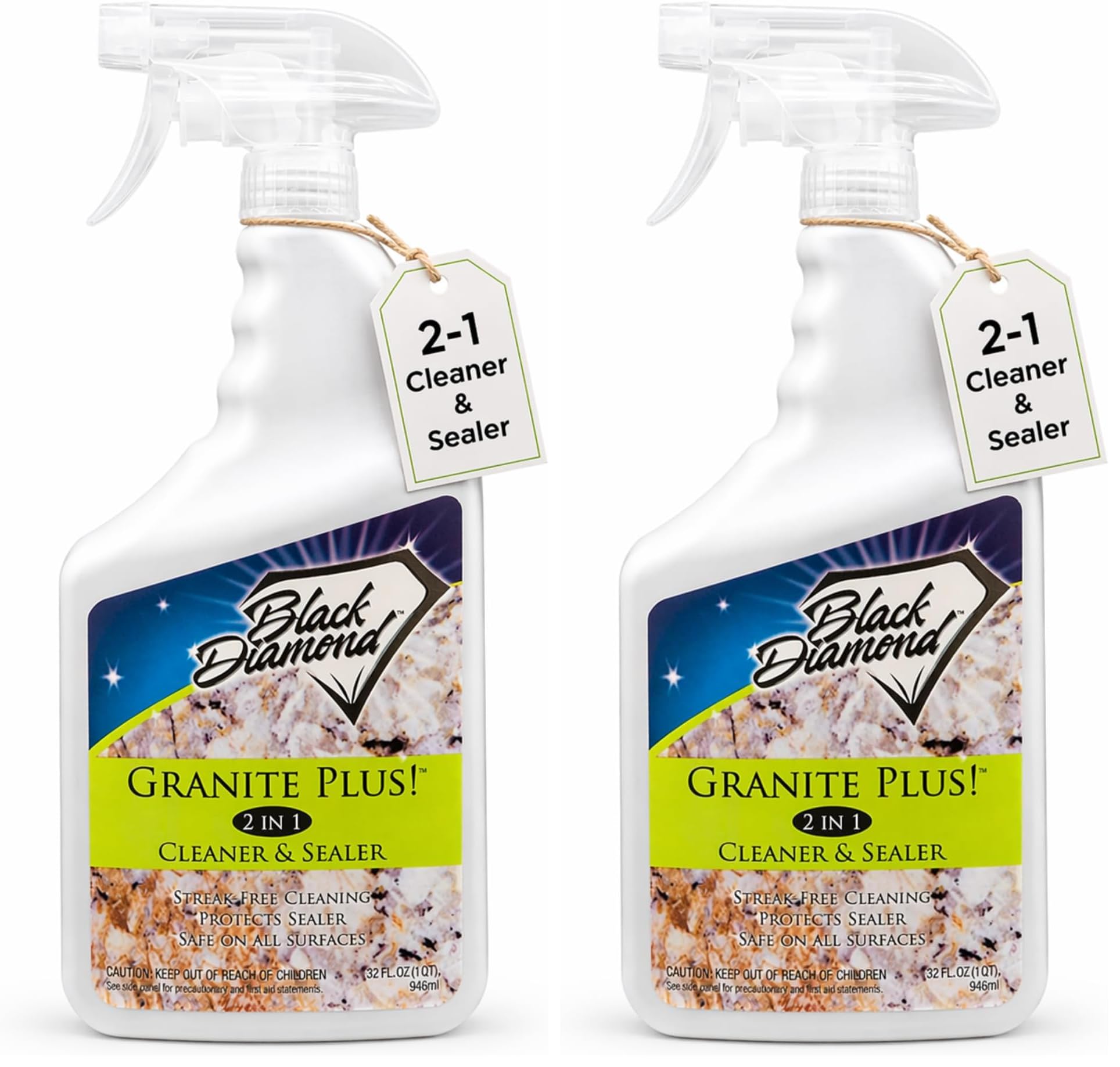 Black Diamond Stoneworks Granite Plus 2-in-1 Cleaner &amp; Sealer, pH Neutral, Streak-Free Stone Cleaner for Granite, Marble, Quartz, Travertine &amp; Limestone Countertops, Ready to Use, 32 Fl Oz (Pack of 2)