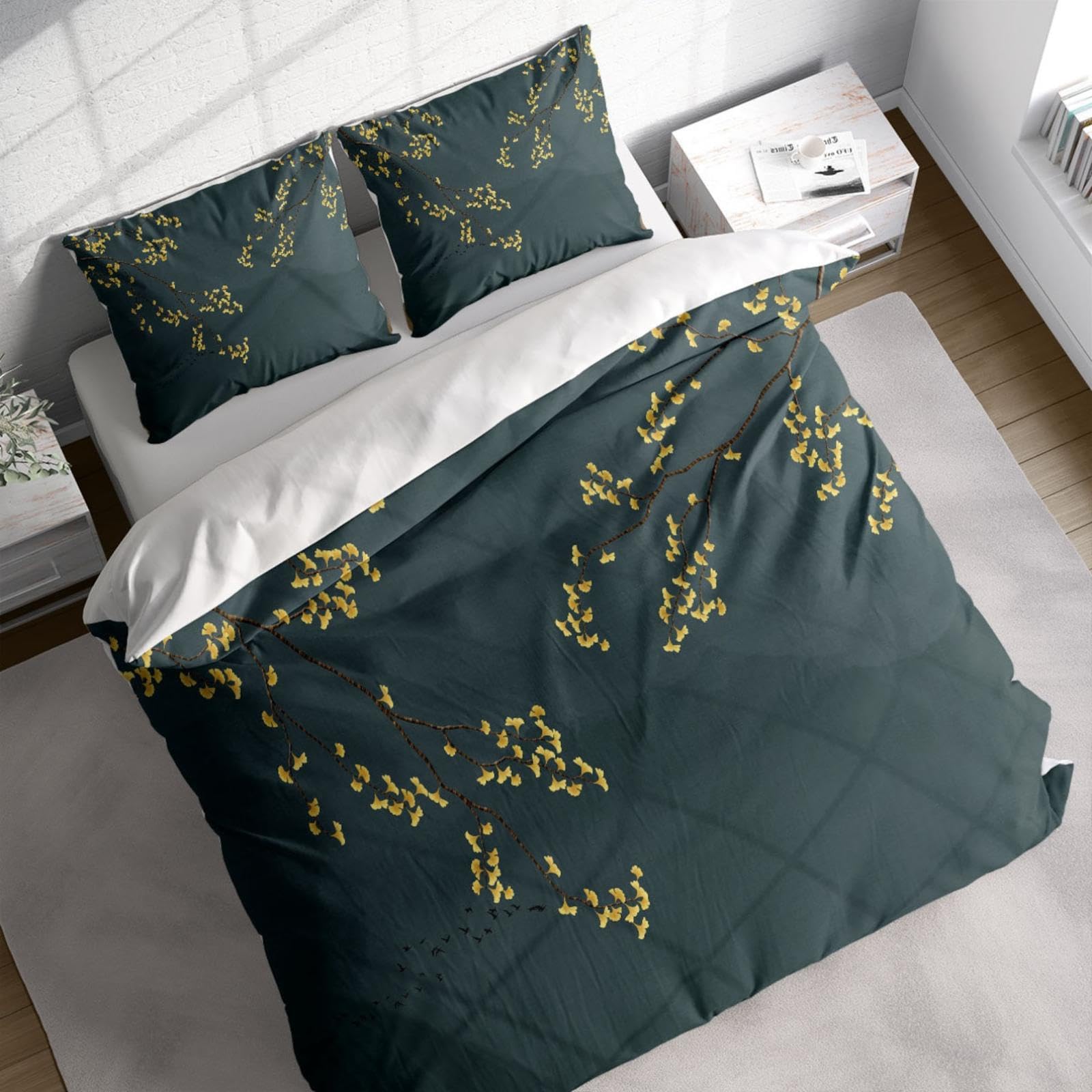 Parure de couette Ginkgo au design raffiné d'oiseaux et montagnes