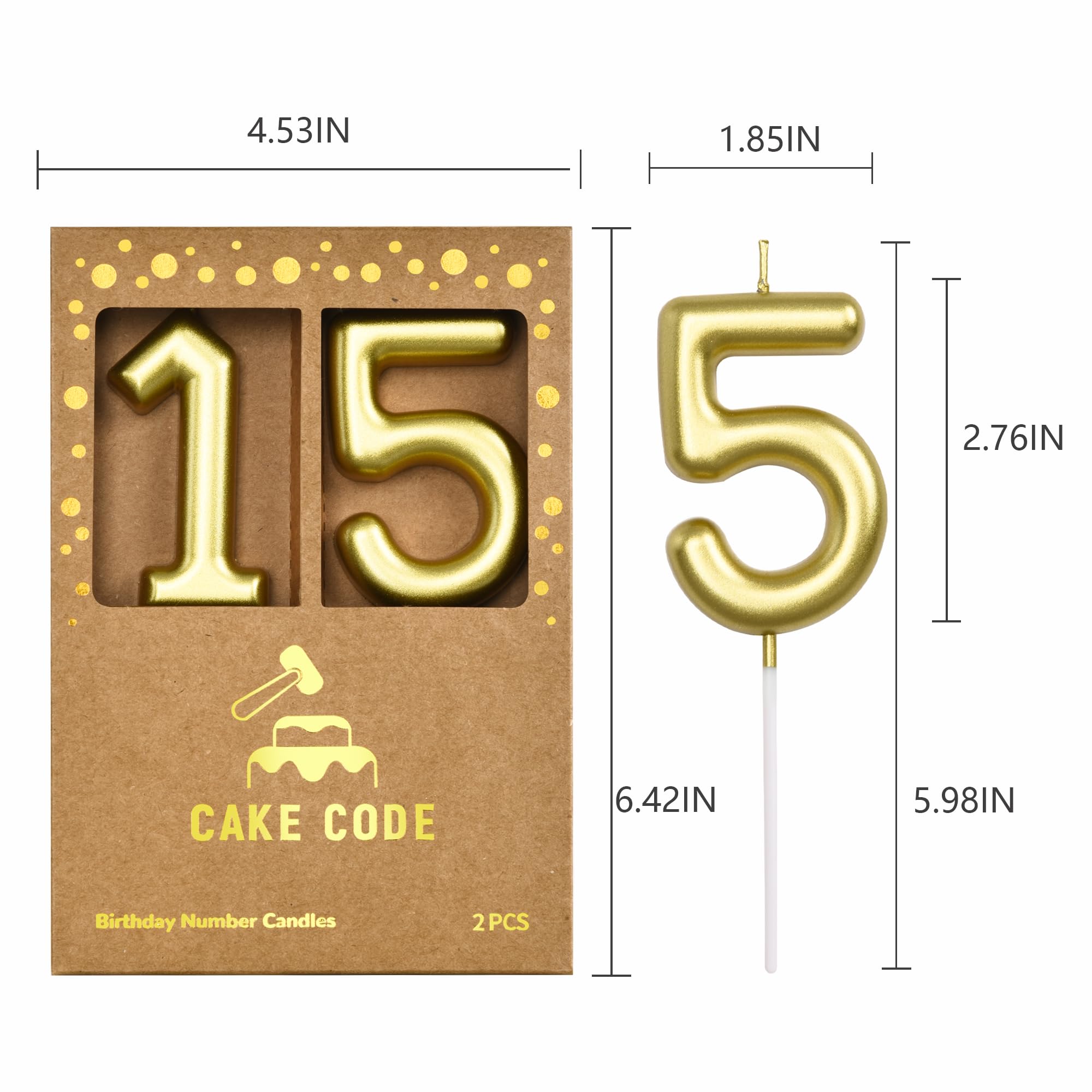 Velas clásicas de cumpleaños de 2.76 pulgadas con número 15, velas de números dorados, velas de números de pastel, celebración de fiesta