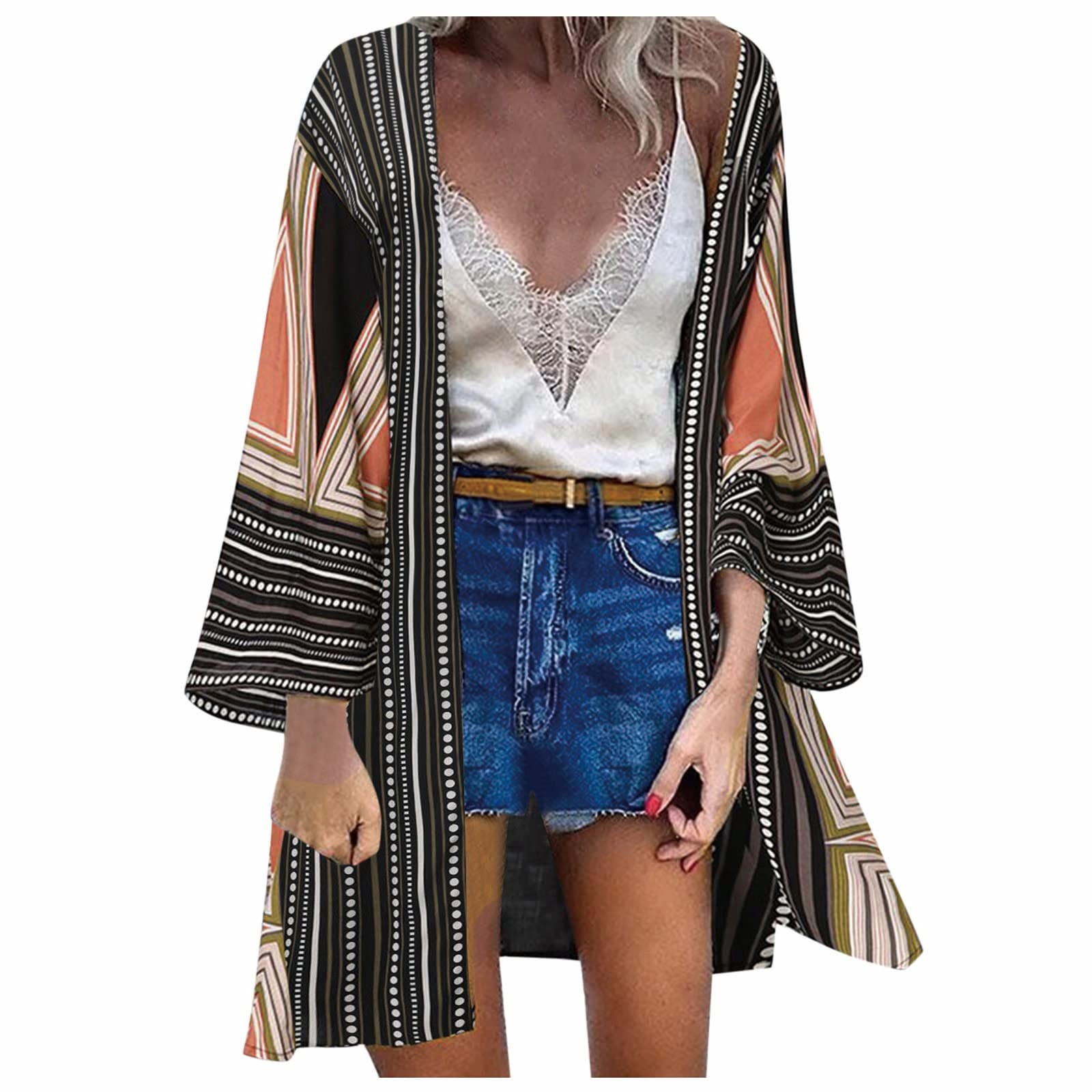 CCOOfhhc Kimono abierto para la playa para mujer, blusa, parte superior para el tiempo libre, poncho de playa, talla XL, de gasa, vestido de playa, verano, largo hasta la rodilla, estilo bohemio