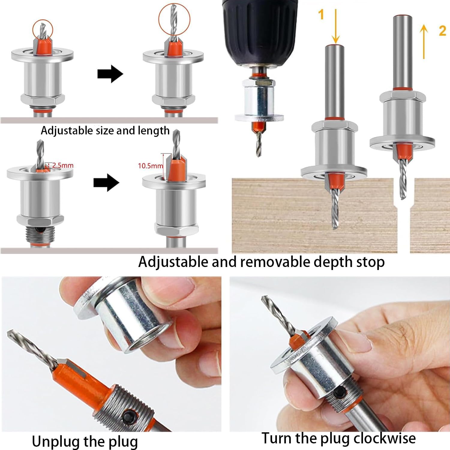 Svasatore Per Legno Con Arresto Profondità Regolabile | 2 Pezzi Da 8mm Per Fori Precisi - Foto 7
