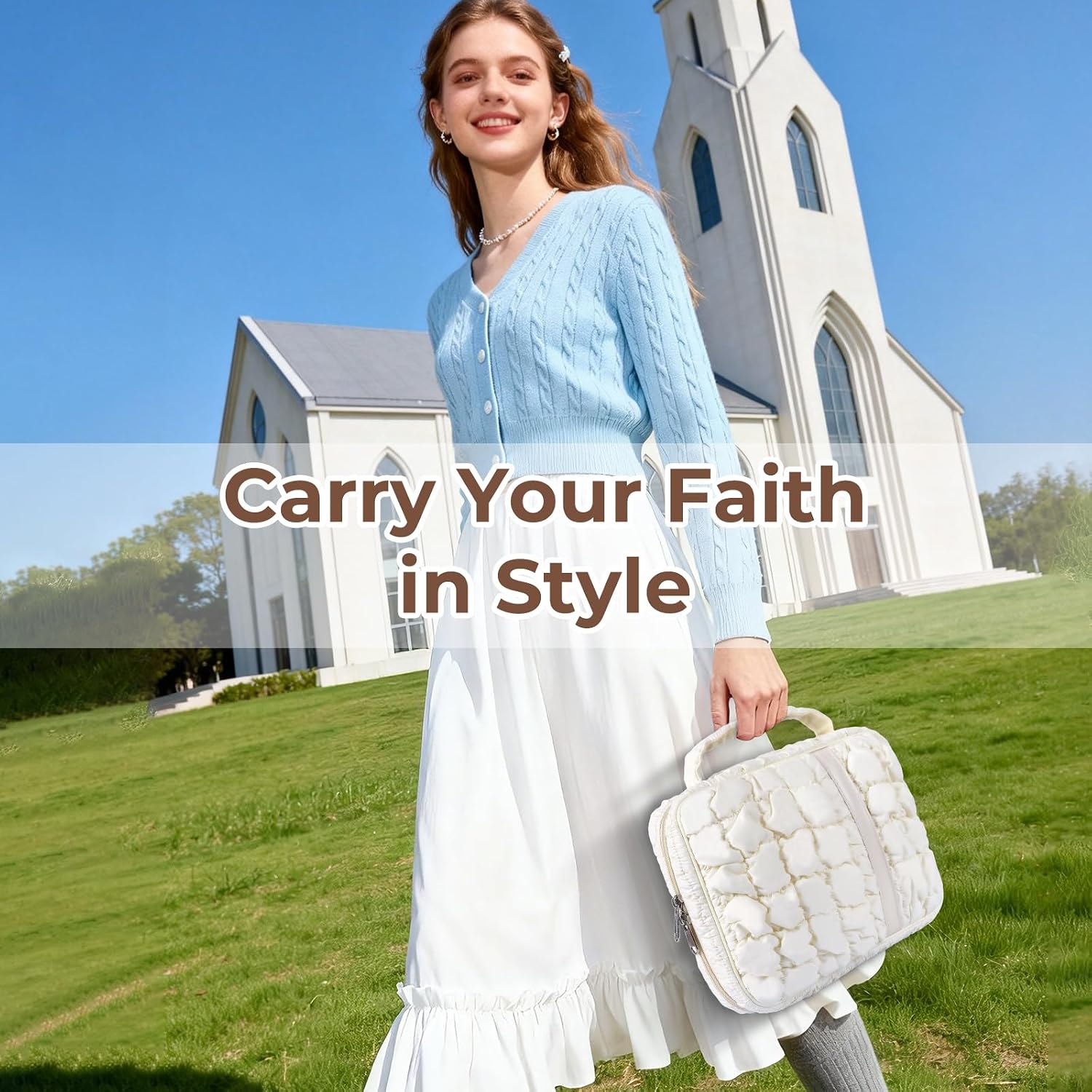 Puffy Bible Cover Case for Women, Lightweight Bible Bag Soft Waterpoof Carrying Case Book Cover for Bible Study Church Travel,Christmas Christian Gift for Women (Beige, M)
