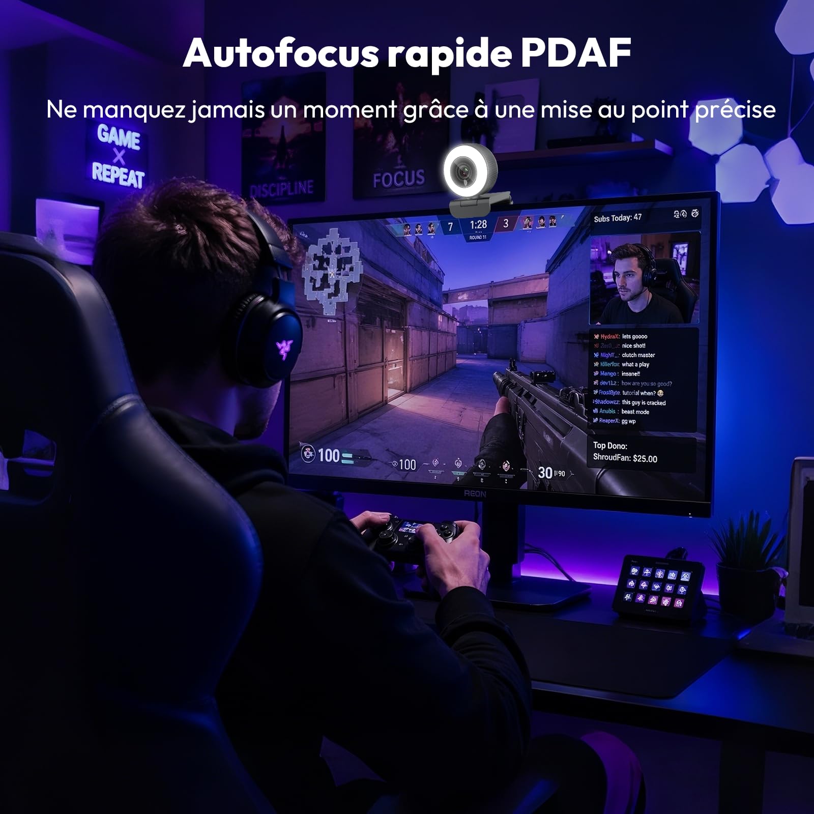 Webcam Angetube 4K avec lumière, caméra PC avec deux microphones, 1080P@60FPS pour un streaming fluide, USB-A/C, autofocus PDAF, plug&play, avec couverture de webcam, compatible avec Zoom/Teams/Laptop