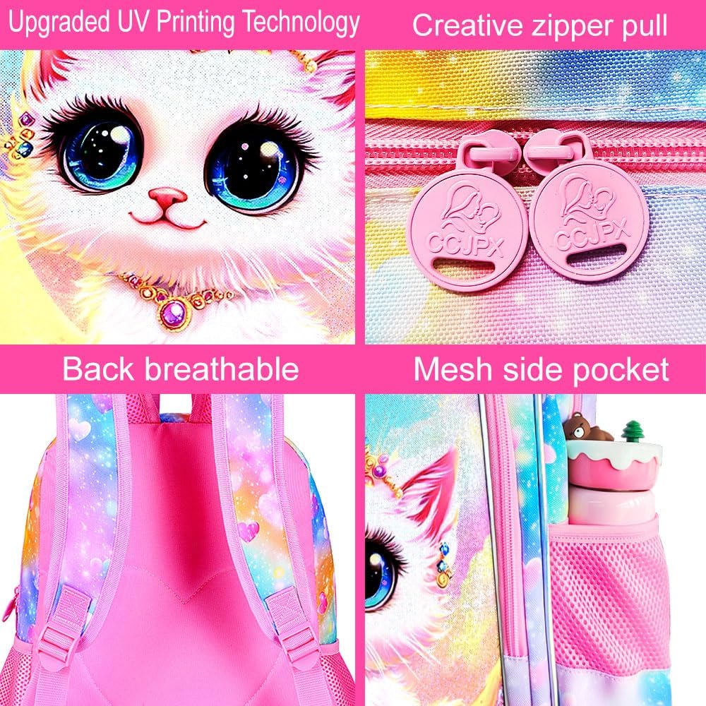 KLFVB 3PCS Cat Backpack for Girls, Water Resistant Kids Bookbag with Lunch Box, 16" Preschool Backpack for Elementary - Moon White Cat