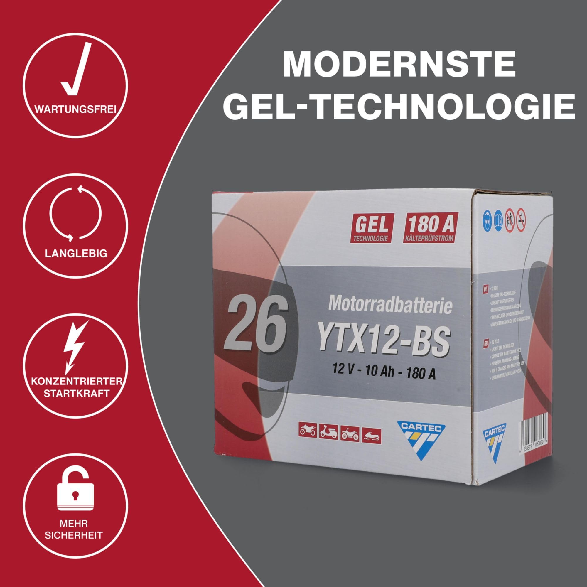 Batería de motocicleta CARTEC YTX12-BS, 10Ah, 180A, batería de arranque de motocicleta con tecnología de gel, calidad OEM, ciclo profundo, almacenable, sin mantenimiento