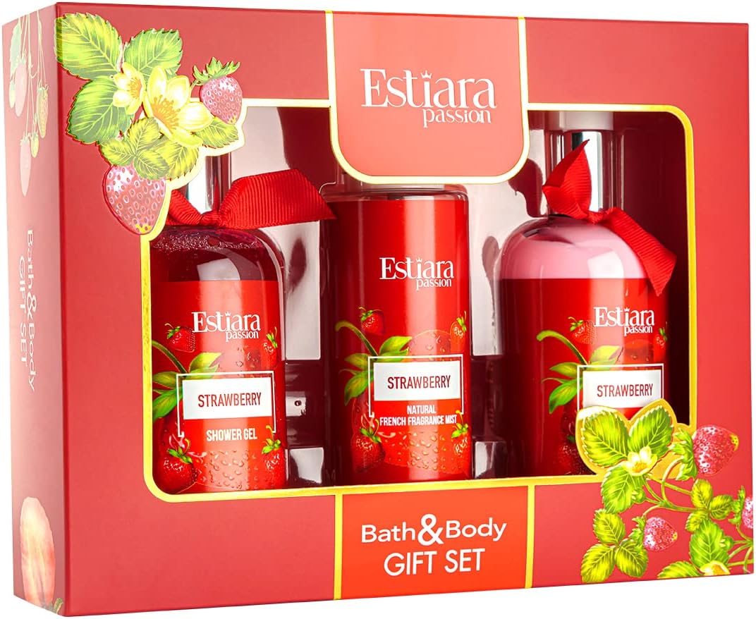 Estiara Passion Strawberry Bath & Body Beauty Skincare 3 Piece Gift Set Red - Strawberry Body Lotion 350ML - Strawberry Shower Gel 350ML - Strawberry Natural French Fragrance Mist 250ML