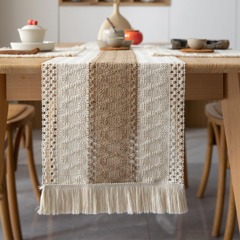 Odot Table Runner Vintage Fringe Boho, Seasonal Fall Winter Machine Washable Kitchen Dining Table Decoration long tablecloth, for Thanksgiving Events Home Party Decor (30x120cm,Khaki white C)