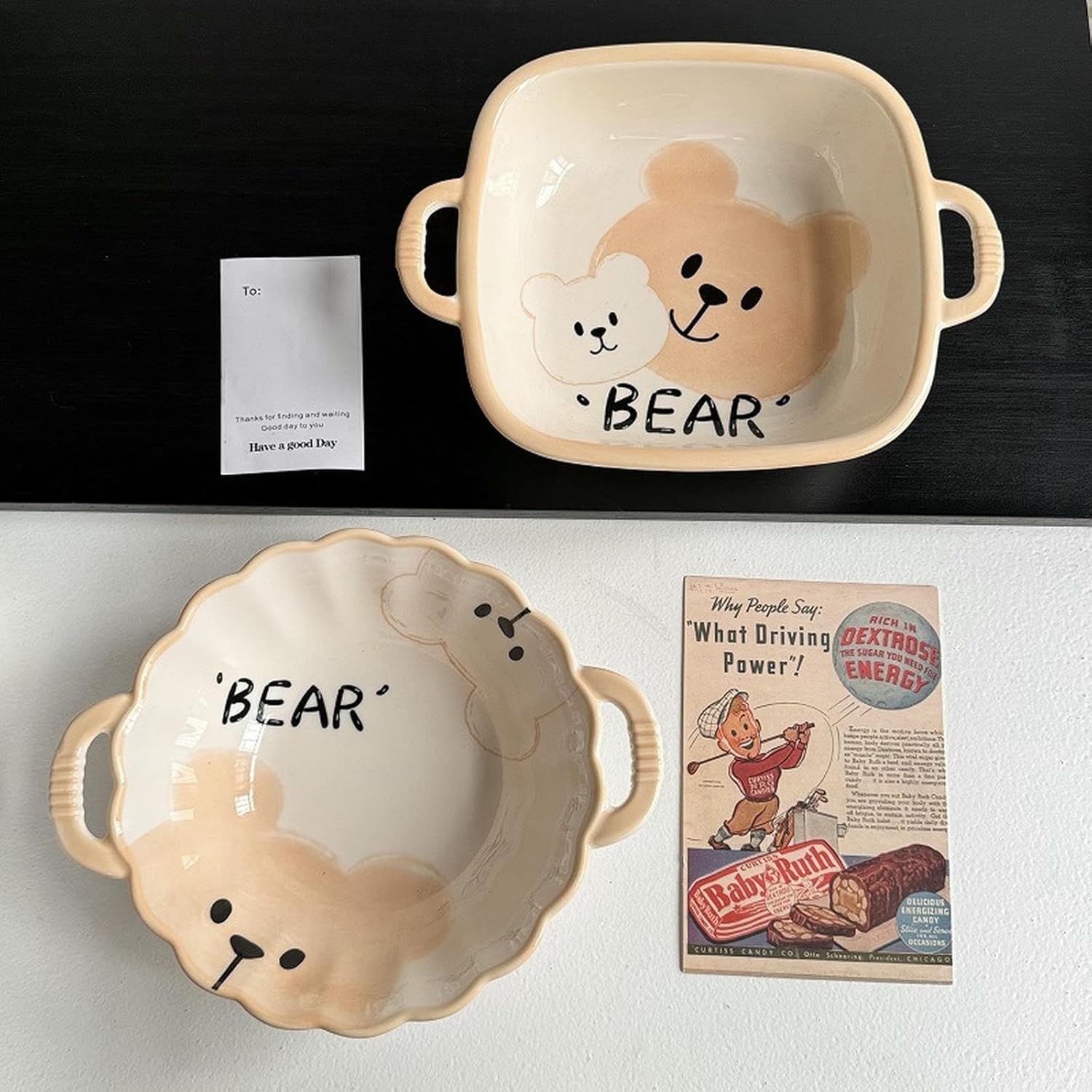 Ceramic cartoon cute bear dishes home exquisite high temperature resistant -8-inch ear lace bowl