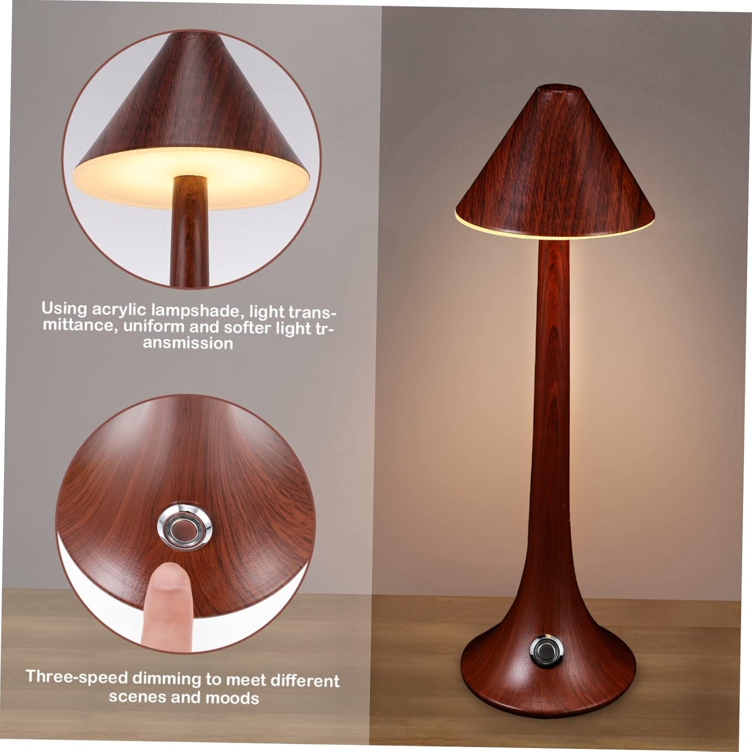 VILLCASE USB Rechargeable Lamp with Wood Grain Finish Bedside Reading Light for Bedroom and Desk Warm White Eye Caring Desk Lamp for Comfortable Nighttime Use