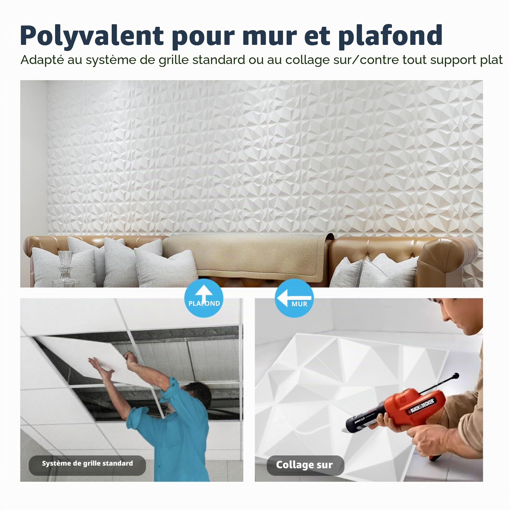 Art3d Lot de 33 panneaux muraux décoratifs 3D en forme de diamant, Blanc mat 30,5 x 30,5cm, PVC imperméable