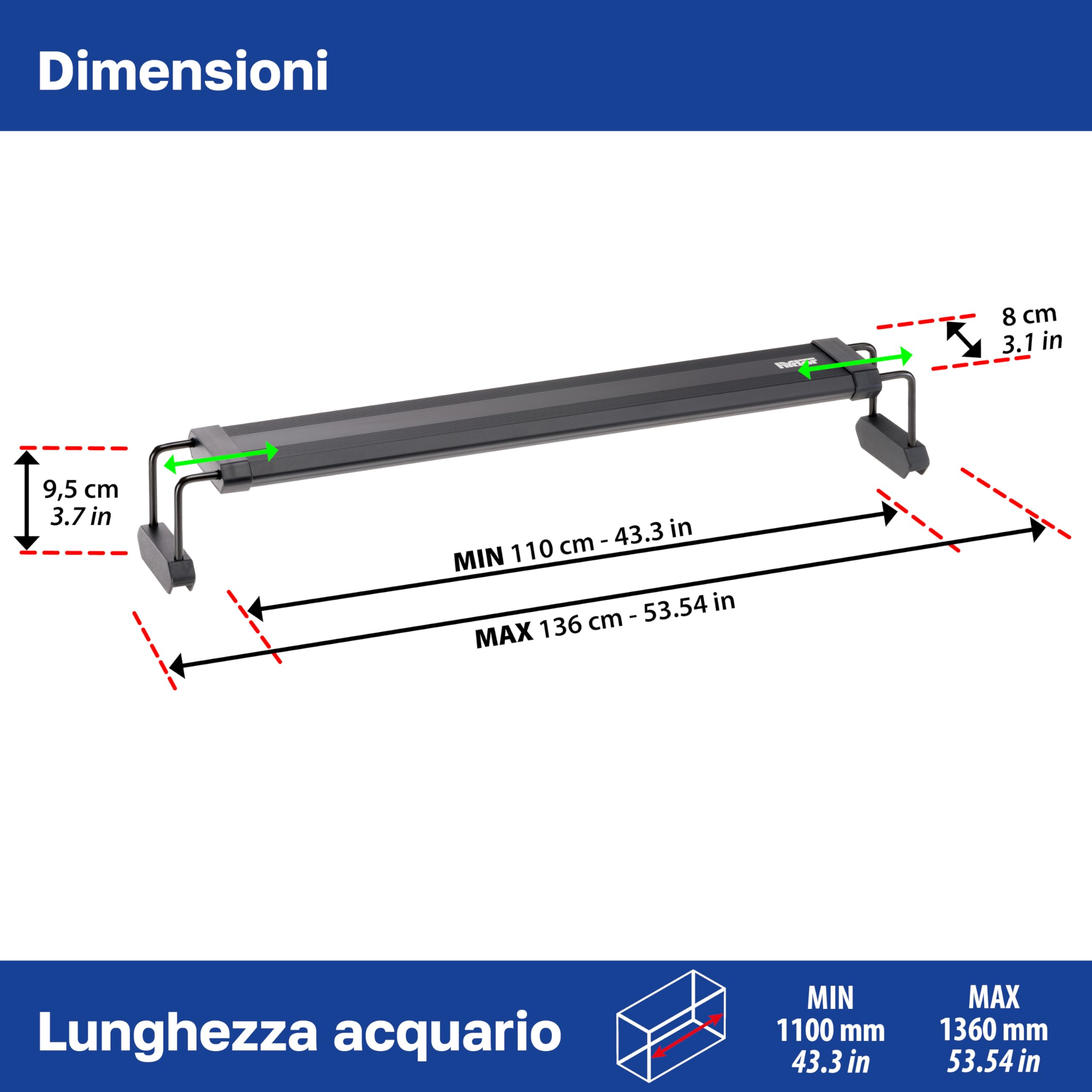 Hydor AQ-LUX REEF 1100 Lampada LED per Acquario Marino 55 W (2200 lm) Spettro professionale, Dimmer e Timer Programmabile, Staffe Regolabili, Alimentatore Incl, IP67, 110 x 8 x h 9,5 cm