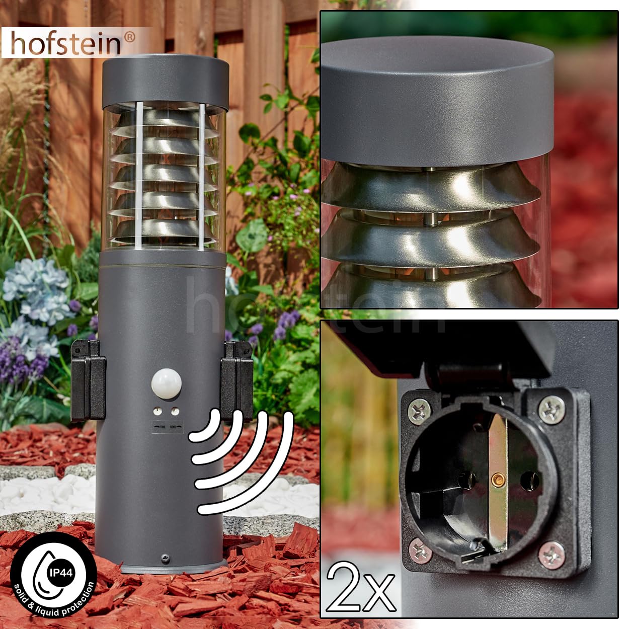 HOFSTEIN Wegeleuchte Dakar, Außenwegeleuchte mit Bewegungsmelder und 2 Steckdosen aus Metall/Kunststoff in Anthrazit/Klar, Außenleuchte für Garten, Außenbereich, Hof, Terrasse, Höhe 40 cm, E27, IP44