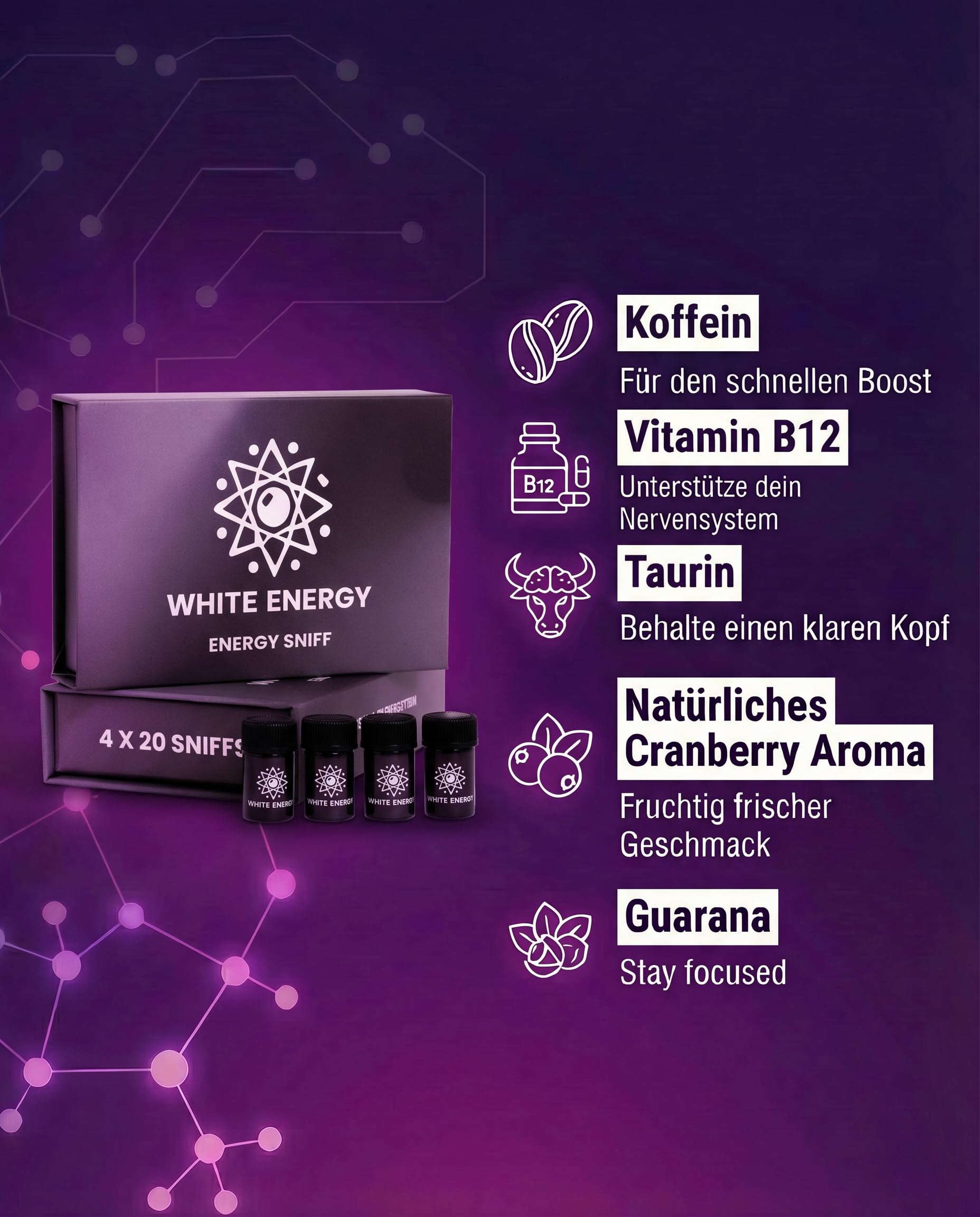 White Energy | New Energy and clear Focus | Beste Alternative zu Energy Drinks | 80 Dosen | Klinisch getestet | Cranberry 4er Pack