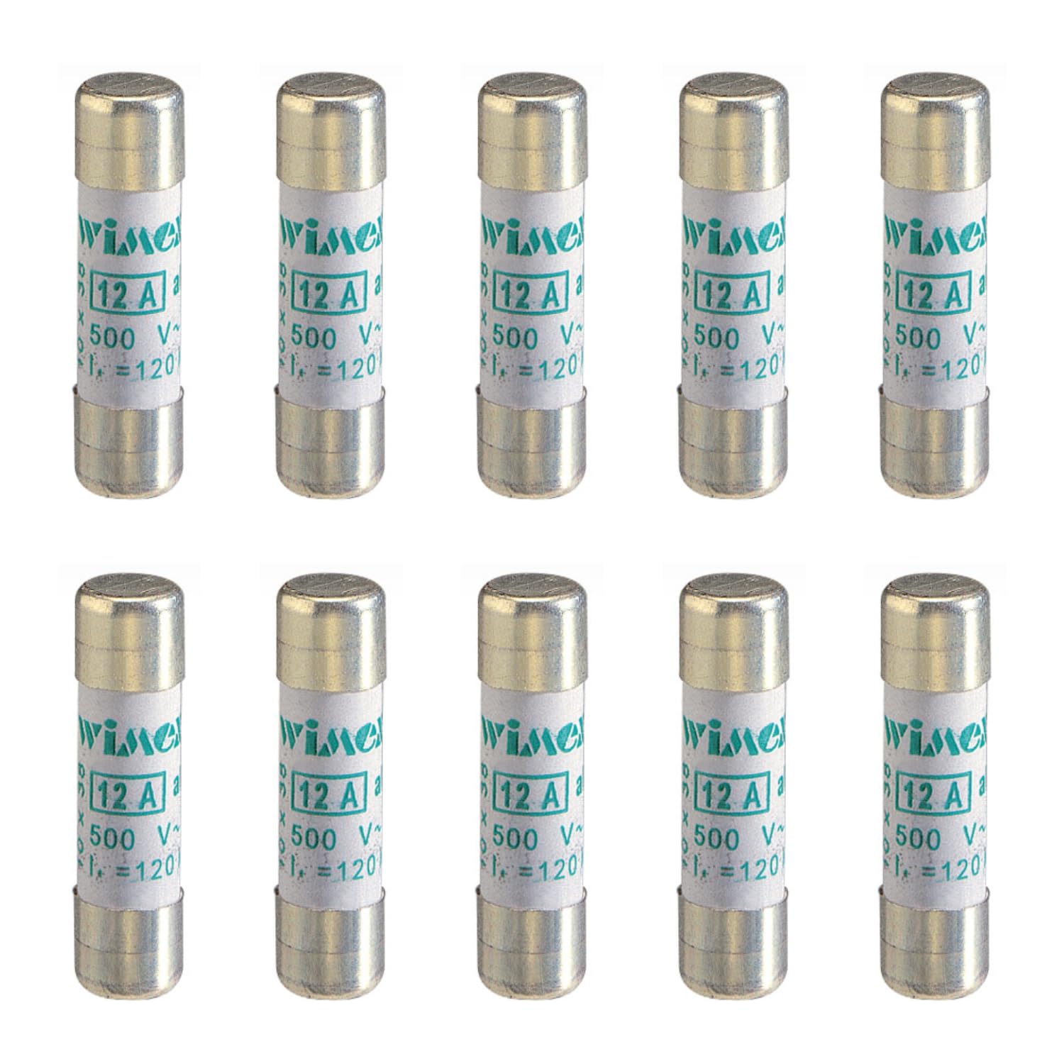 Lot de 10 fusibles, cylindrique 10 x 38 10,3 x 38 mm, 500 V 10 A, utilisation aM, protection courants de démarrage, moteurs, transformateurs, en céramique, stéatite, Pouvoir de coupure 120KA