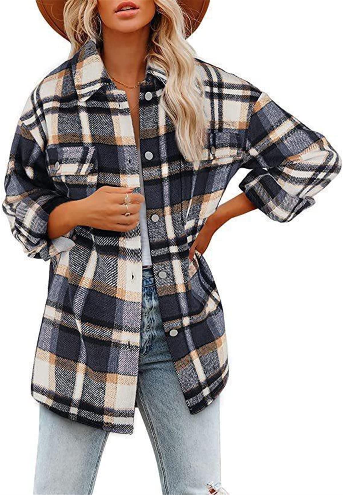 Womens Long Sleeve Shirts Casual Plaid Shacket Button Down Long Sleeve Tops 2023 Fall Outfits Boyfriend Blouses