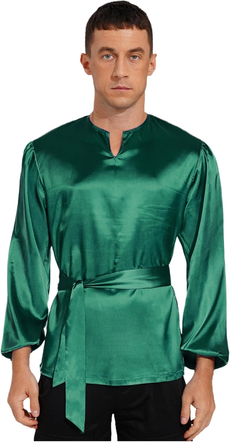 Men's Liturgical Praise Dance Tops Long Sleeve Loose Fit Shirt with Belt Church Worship Dancewear