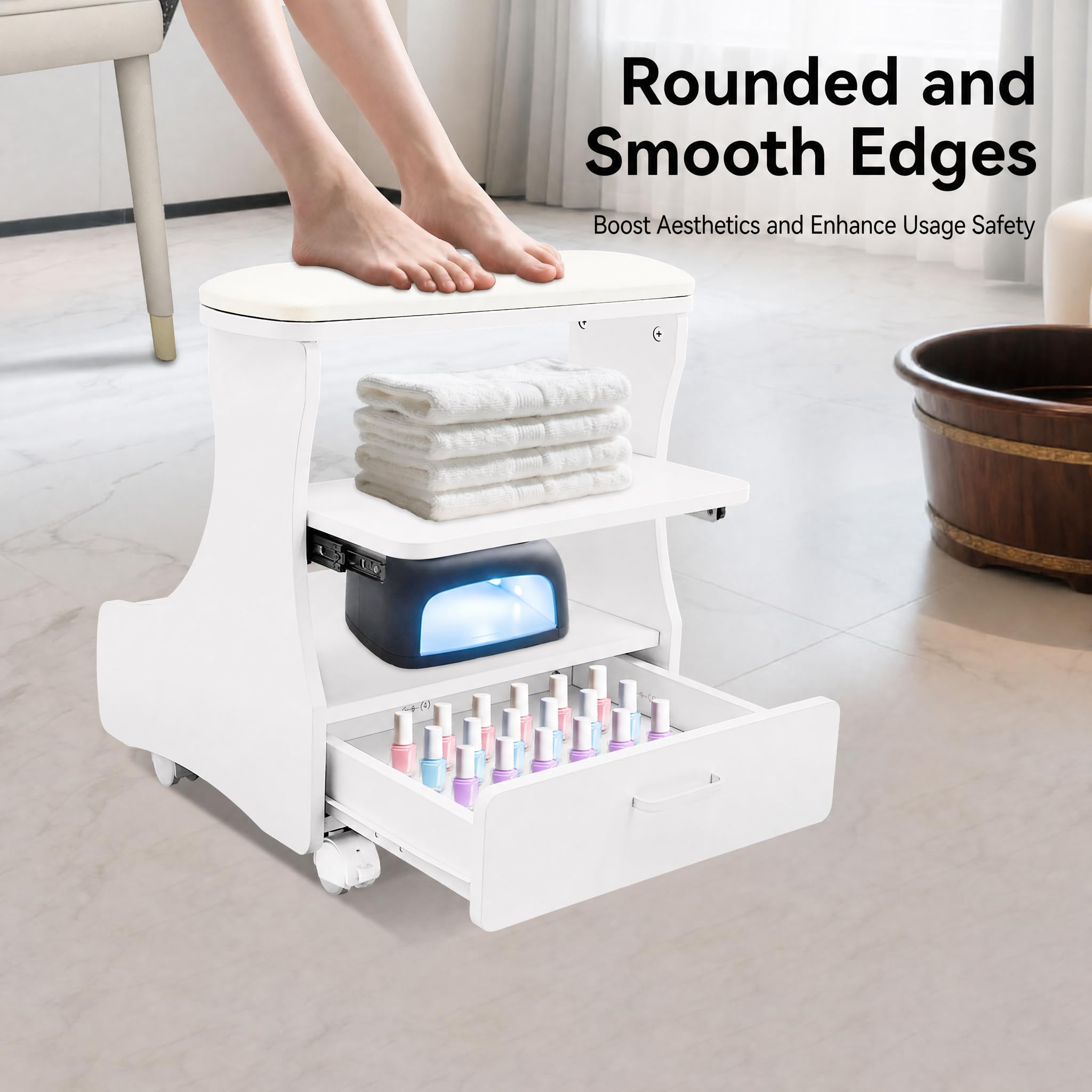 Taburete de pedicura con ruedas para baño, pies, manicura, 20 kg, color blanco | Taburete de pedicura con ruedas blanco 2 en 1 para pies y manicura, 20 kg, cojín suave, cajón, frenos, salón, hogar.