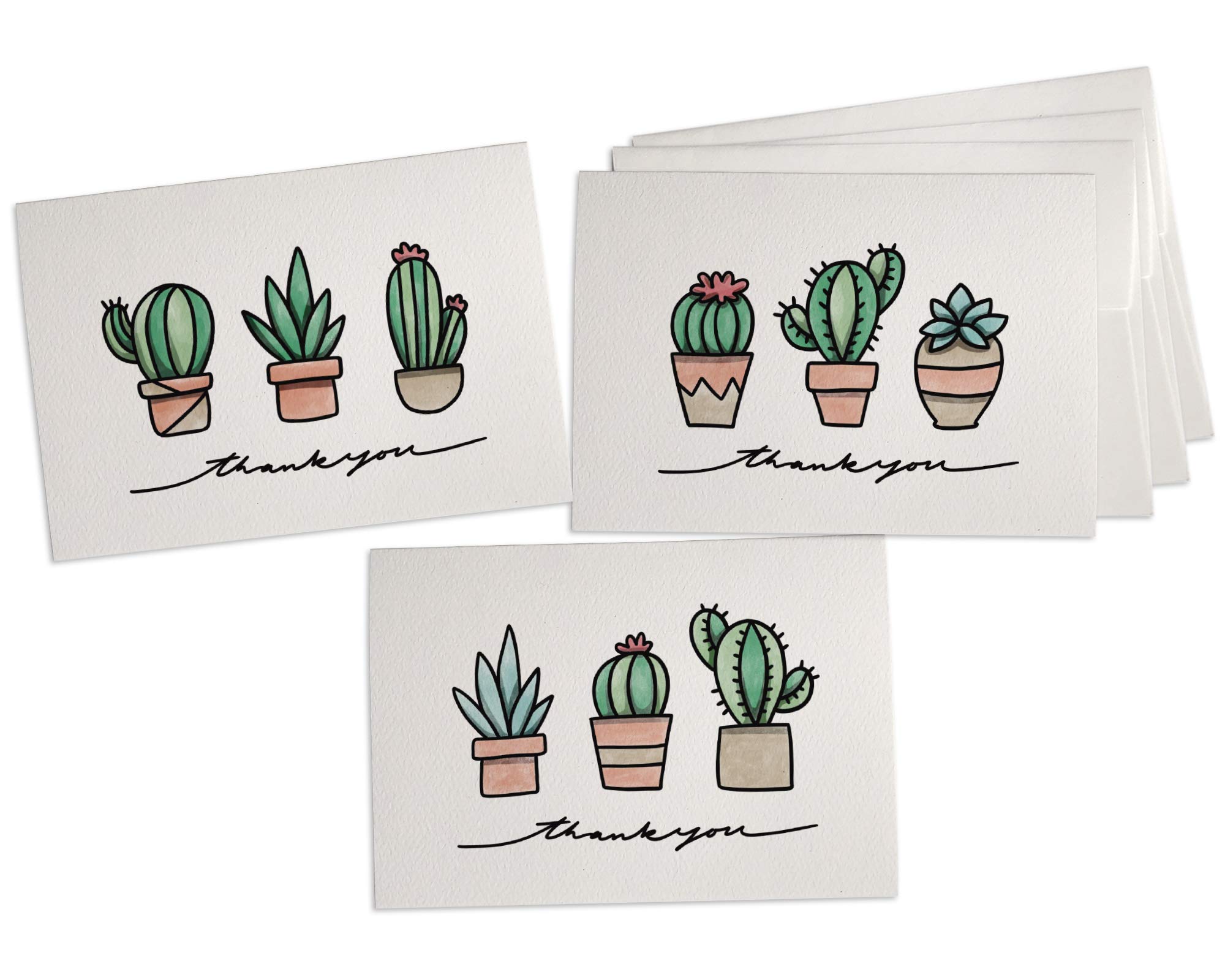 Sugartown Greetings Succulents & Cacti Thank You Note Cards Set - 24 Cactus Thank You Cards with Envelopes - Includes Kraft Sticker Seals