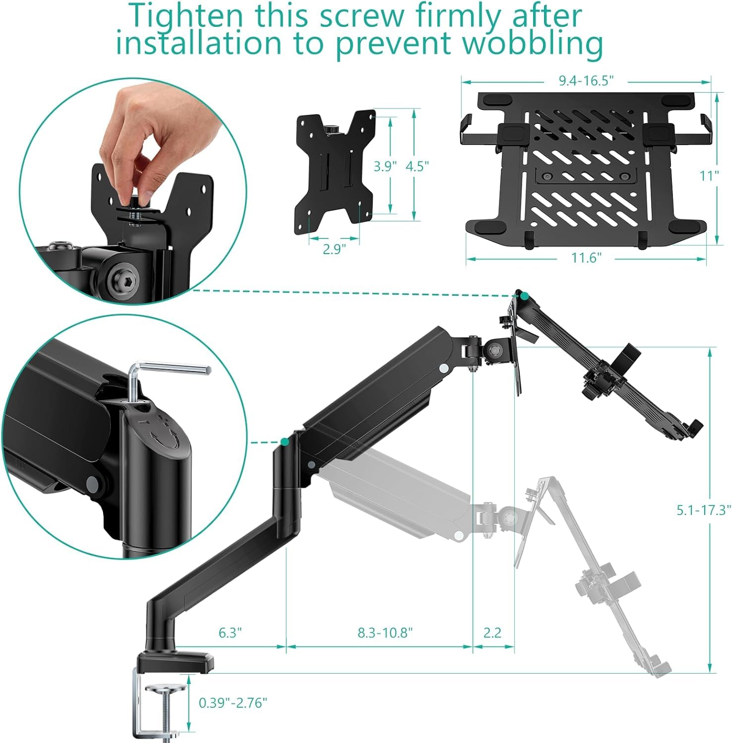 WALI Supporto da scrivania per computer portatile, supporto per monitor 2 in 1 con vassoio regolabile per laptop, adatto per notebook da 17" e schermo da 34", supporta max 10-12 kg, supporto per