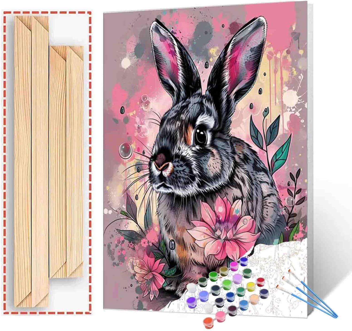 Lovely Bunny Paint by Numbers Adorable Animal Paint by Numbers Kits for Adult Paint by Numbers Pink Flower Painting Art Craft with Brushes Acrylic Pigment Drawings Gift DIY Framed 16x20 Inch